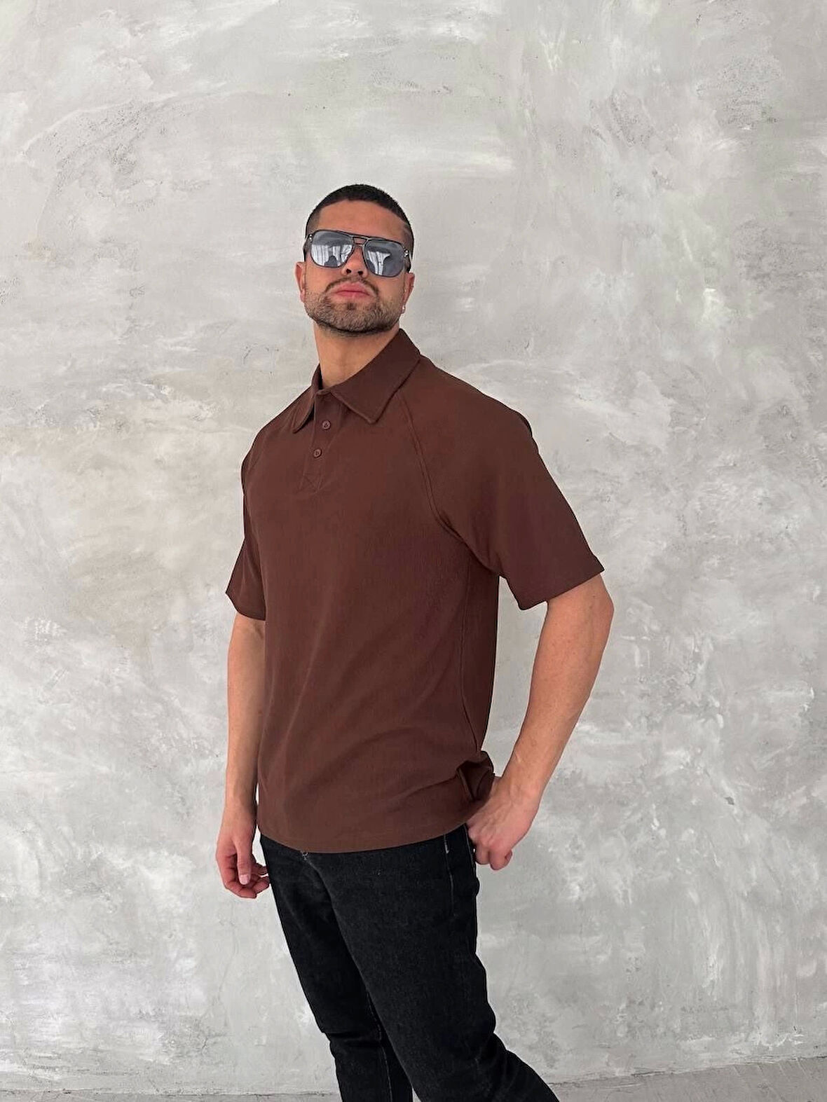 Yakalı Patlı Kısa Kol T-shirt - Kahverengi