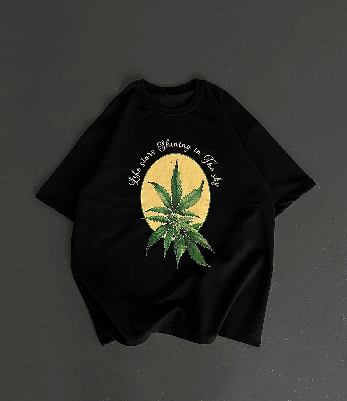 Ön ve Arka Baskılı Oversize Bisiklet Yaka T-shirt- Siyah