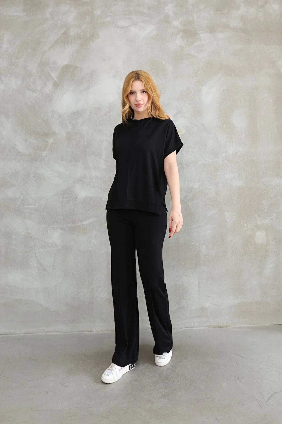 Osy Modal Yumuşak dokulu Kumaş Bisiklet Yaka Kısa Kollu Takım - Siyah