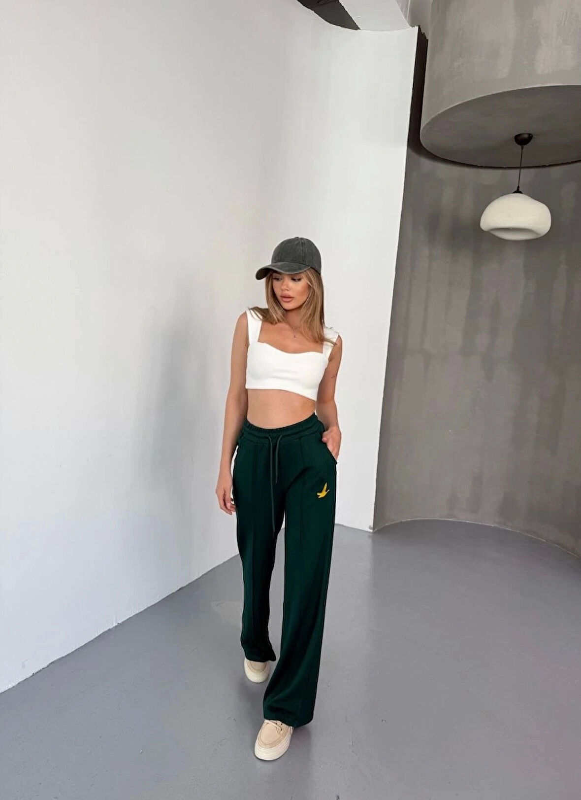 Osy Modal Yumuşak Dokulu Kumaş Nakış işlemeli Rahat Bol Paça Eşofman Pantalon - Yeşil