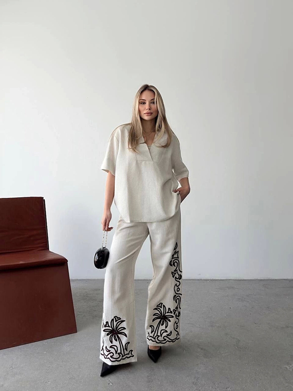 Keten Kısa kolu V Yaka Bluz Pantolon ikili Takım- Beyaz