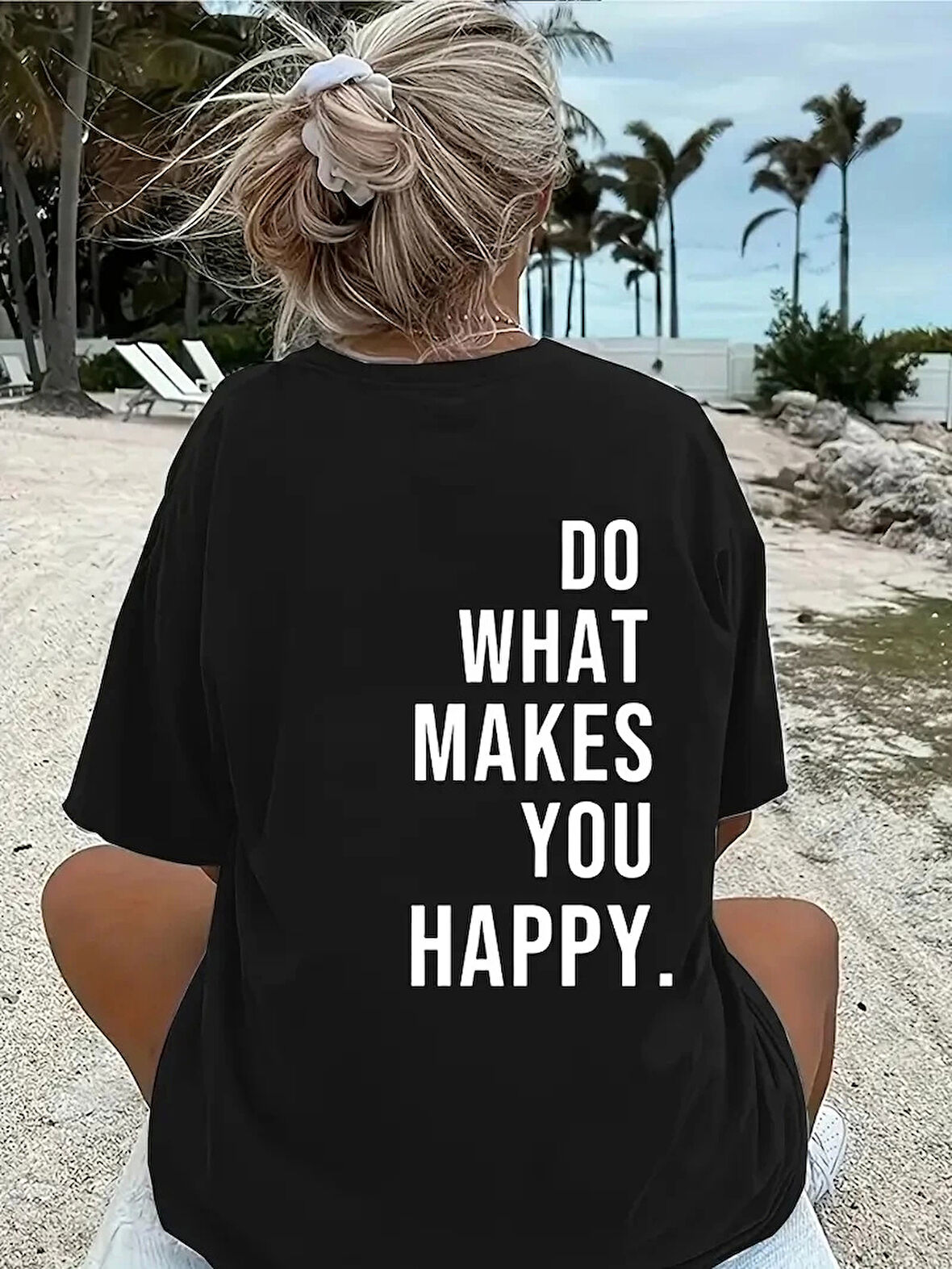 Do What Makes You Happy Unisex Linemen Oversize Baskılı T-shirt - Siyah