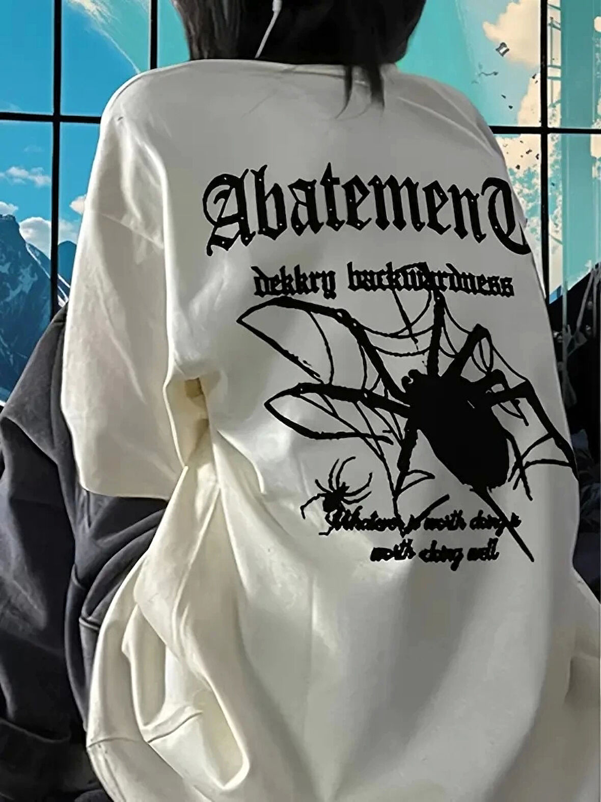 Örümcek Ağı Desenli Baskılı Oversize Bisiklet Yaka T-shirt  - Beyaz