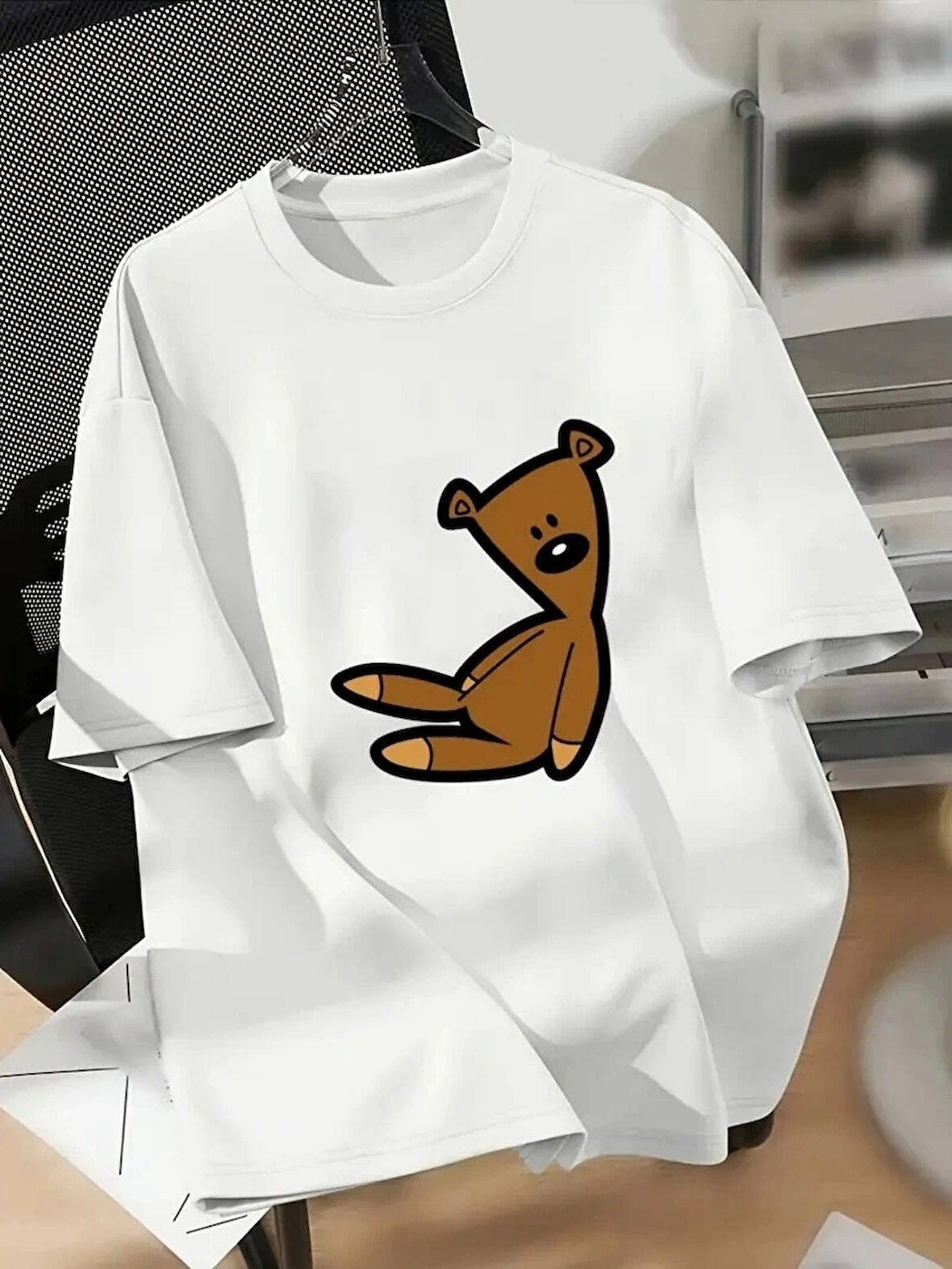 20/1 Penye Compack Ayı Baskılı Oversize Bisiklet Yaka Kısa Kol T-shirt - Beyaz