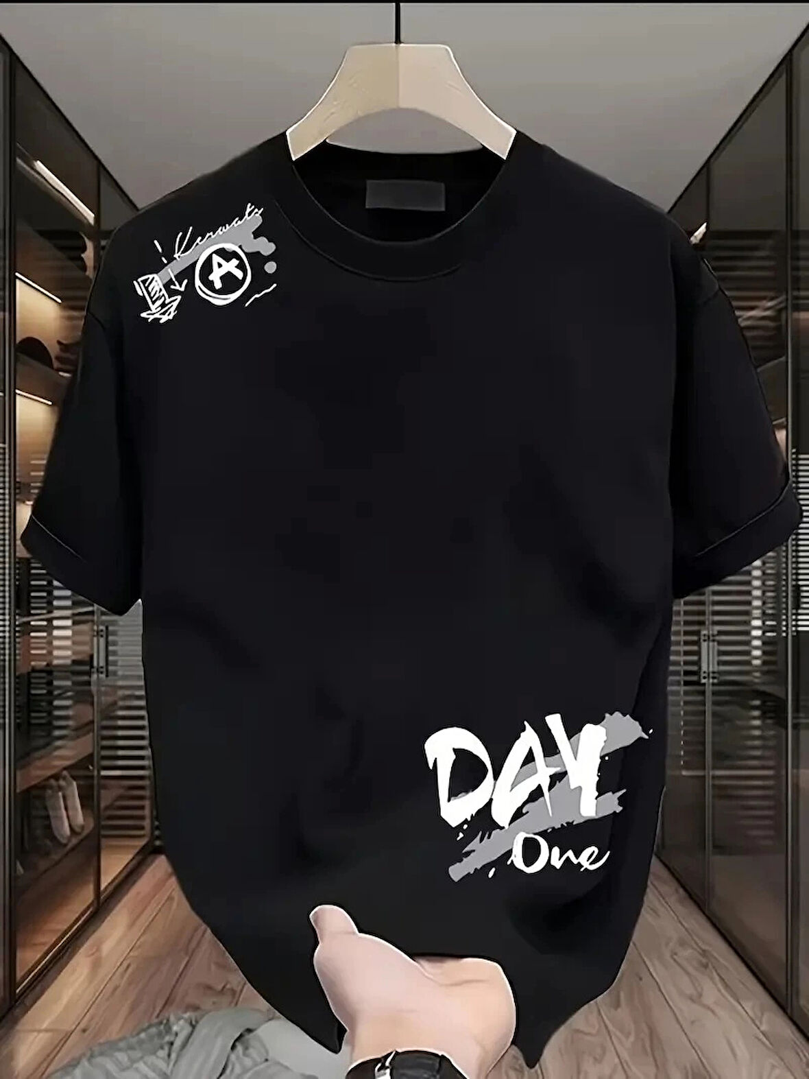 20/1 Penye Compack Day One Baskılı Oversize Bisiklet Yaka T-shirt - Siyah