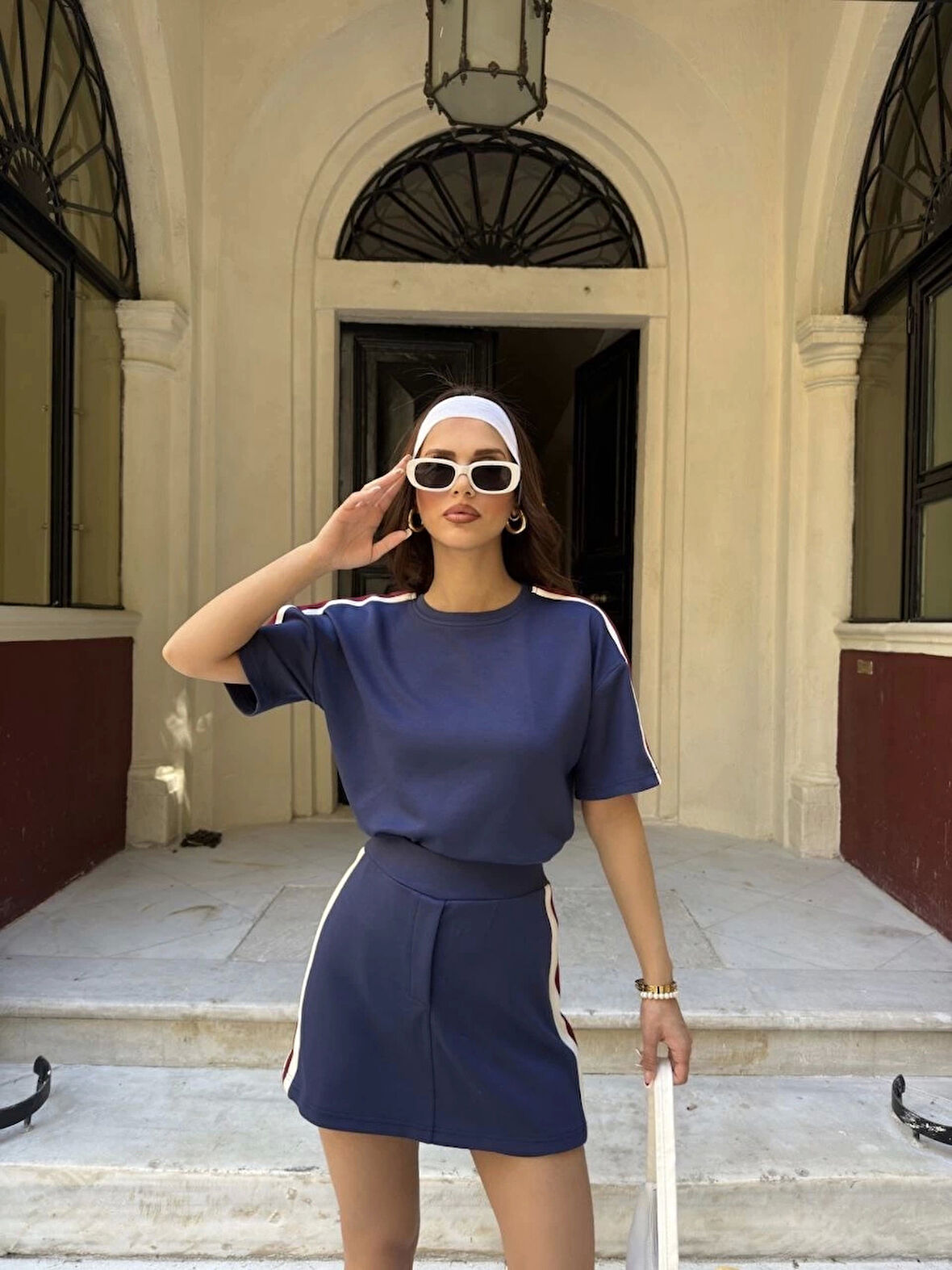 Osy Modal yumuşak dokulu Kumaş Kadın Parçalı Bisiklet Yaka T-shirt Mini Şortlu Etek İkili Takım -Lacivert