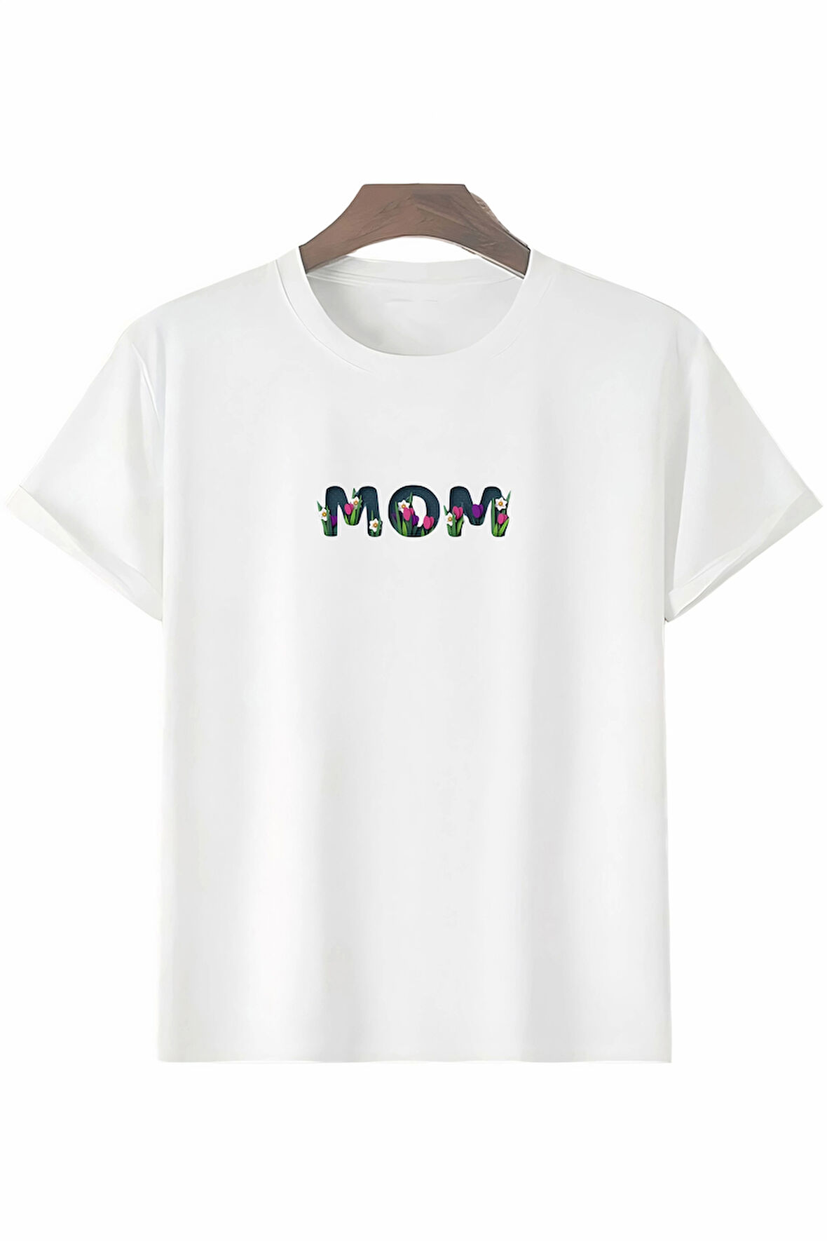 Anneler Gününe Özel Tasarım mom Çiçek Baskılı T-shirt - Beyaz