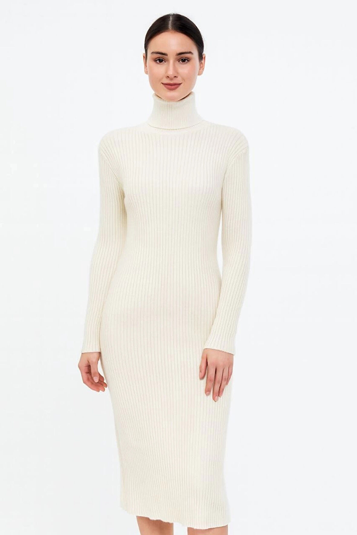 Kadın Boğazlı Uzun Fitilli Triko Dokuma Elbise - Beyaz