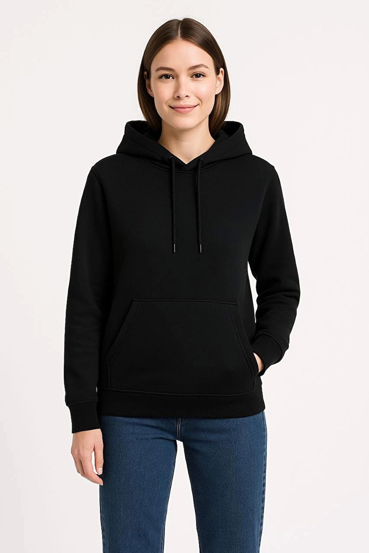 Kadın Üç İplik Kapüşonlu Kanguru Çepli SweatShirt hoodie - Siyah