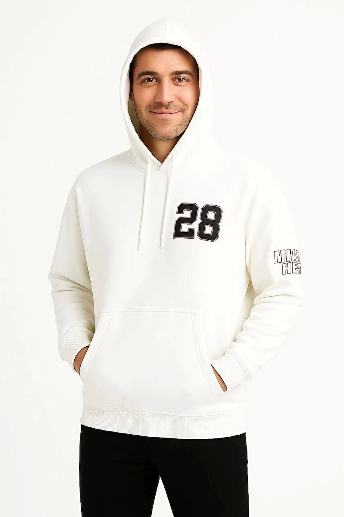 Üç İplik Kapüşonlu Ön ve Arka Baskılı SweatShirt hoodie - Beyaz