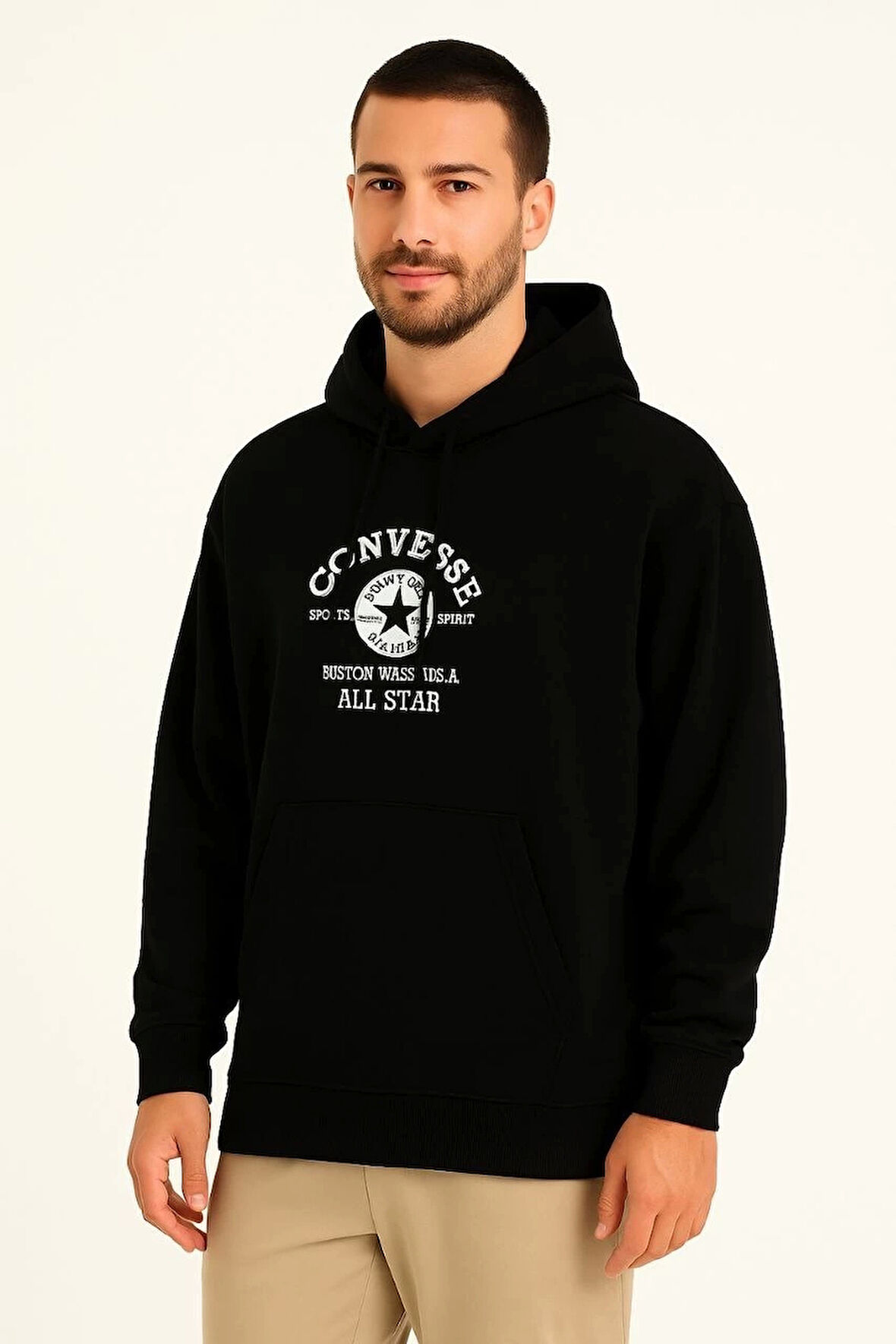 Üç İplik Kapşonlu ön ve Arka Baskılı SweatShirt hoodie- Siyah
