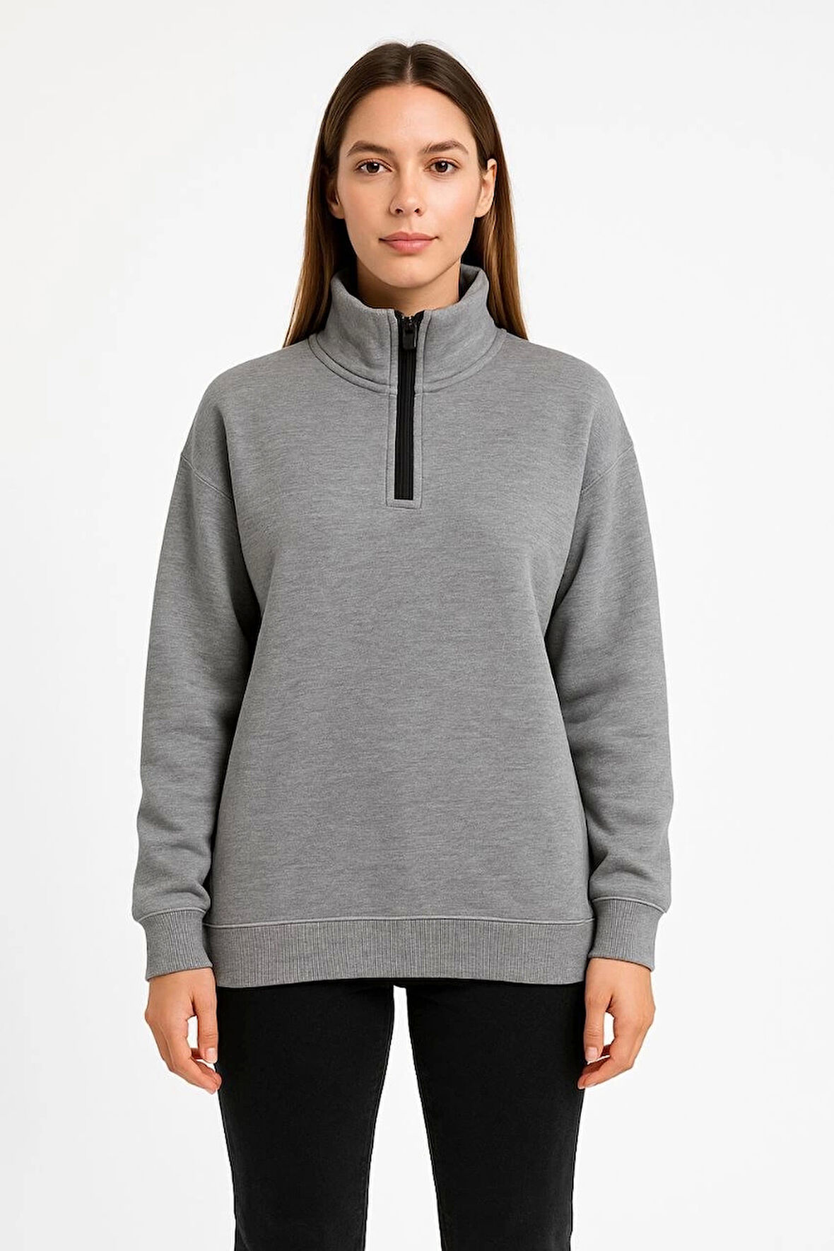 Kadın Üç İplik Dık Yaka Yarım Fermuarlı SweatShirt - Gri