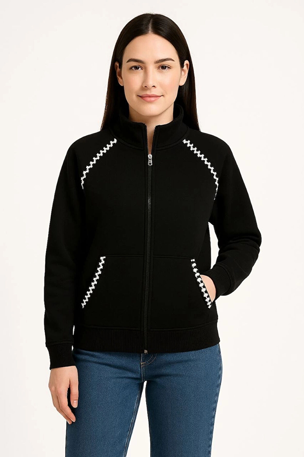 Kadın Oversize Dik Yaka Fermuarlı Sweatshirt - Zincir Nakışli Kanguru Cepli, - Siyah