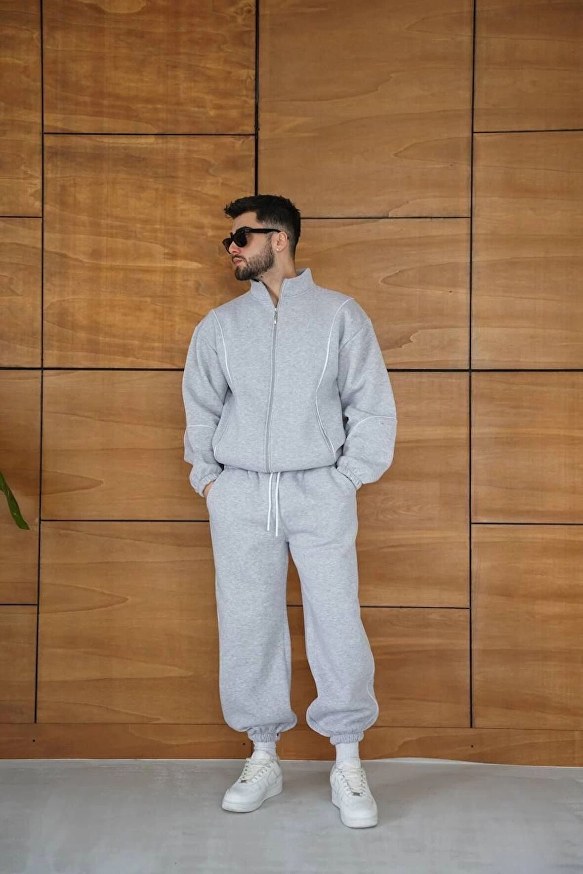 Erkek Premium Parçalı Eşofman Takım - Dik Yaka Fermuarlı Biyeli Sweatshirt Lastik Paça Alt, Oversize 3 iplik Şardonlu - Gri