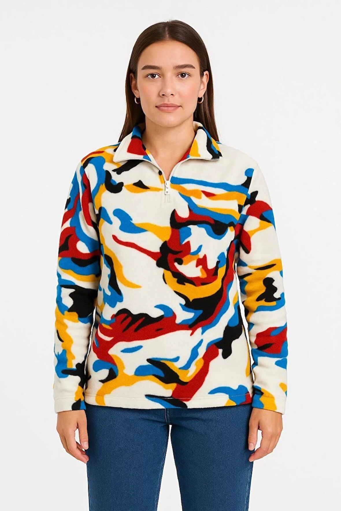 Kadın Yarım Fermuarlı Desenli Polar Sweat – Renkli Abstract Desen Yakalı, Uzun Kollu, Oversize Rahat Kalıp - Beyaz