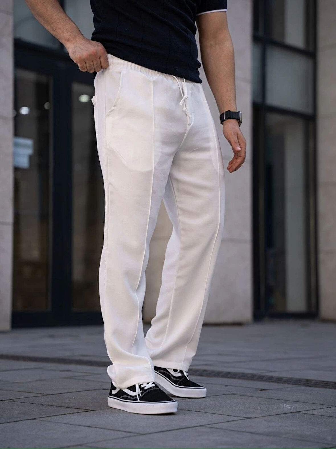 Erkek Keten Cepli Çıma Dikişli jogger Buggy Pantalon Rahat kalıp - Beyaz