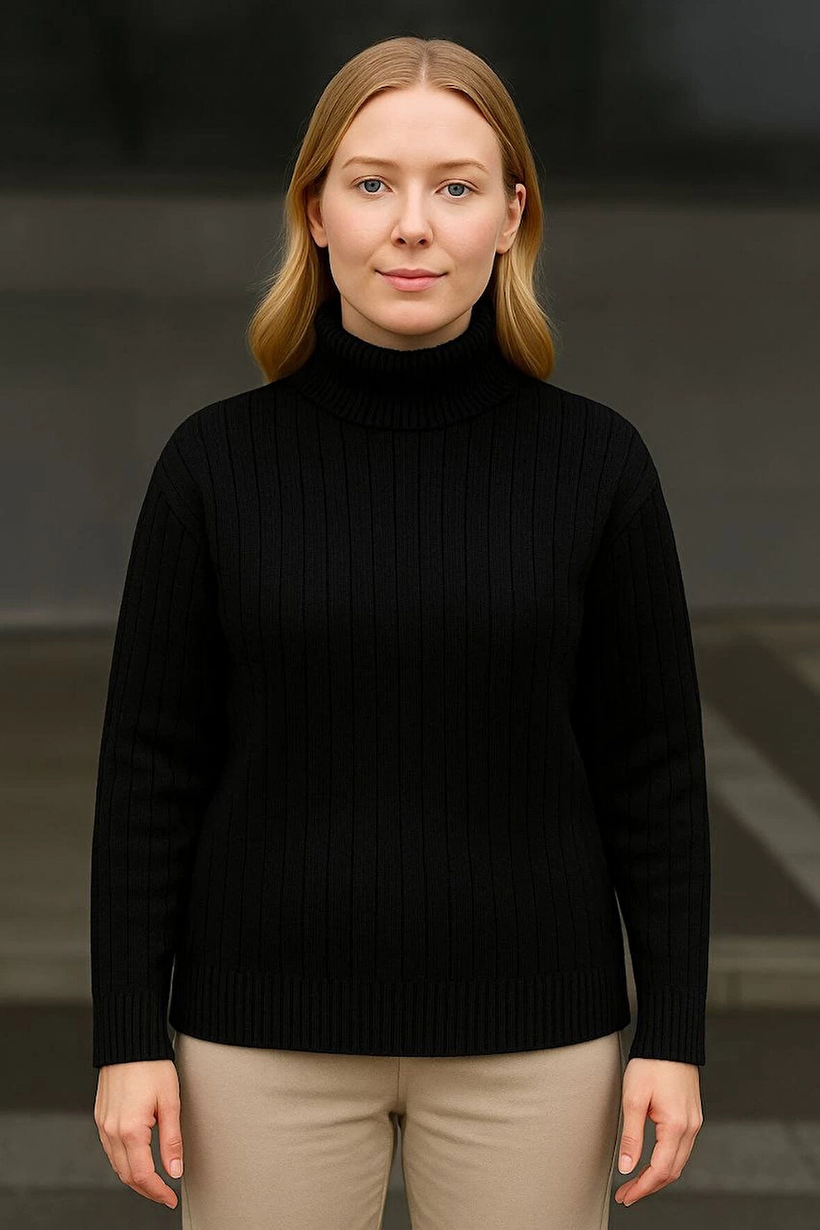 Kadın Balıkcı Yaka Bağazlı Triko Kazak Pamuklu Kalın Fitilli Dokuma - Siyah