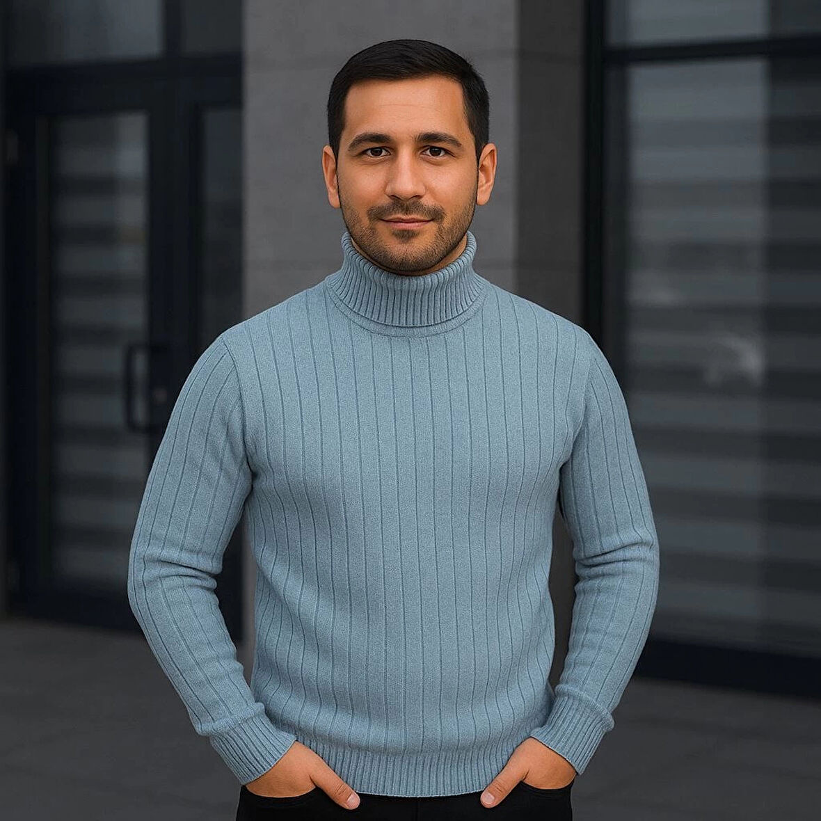 Erkek Balıkcı Yaka Bağazlı Triko Kazak Pamuklu Kalın Fitilli Dokuma, Regular Fit Uzun Kollu Kışlık Model - Bebe Mavisi