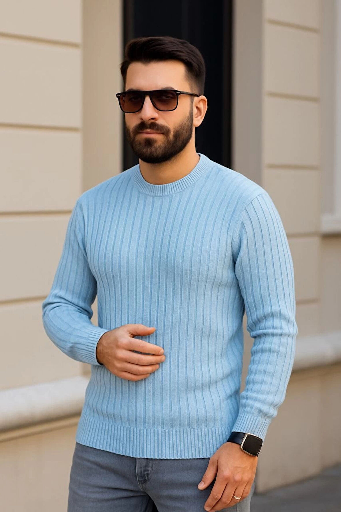 Erkek Bisiklet Yuvarlak Yaka Triko Kazak Pamuklu Kalın Fitilli Dokuma, Regular Fit Uzun Kollu Kışlık Model - Bebe Mavisi