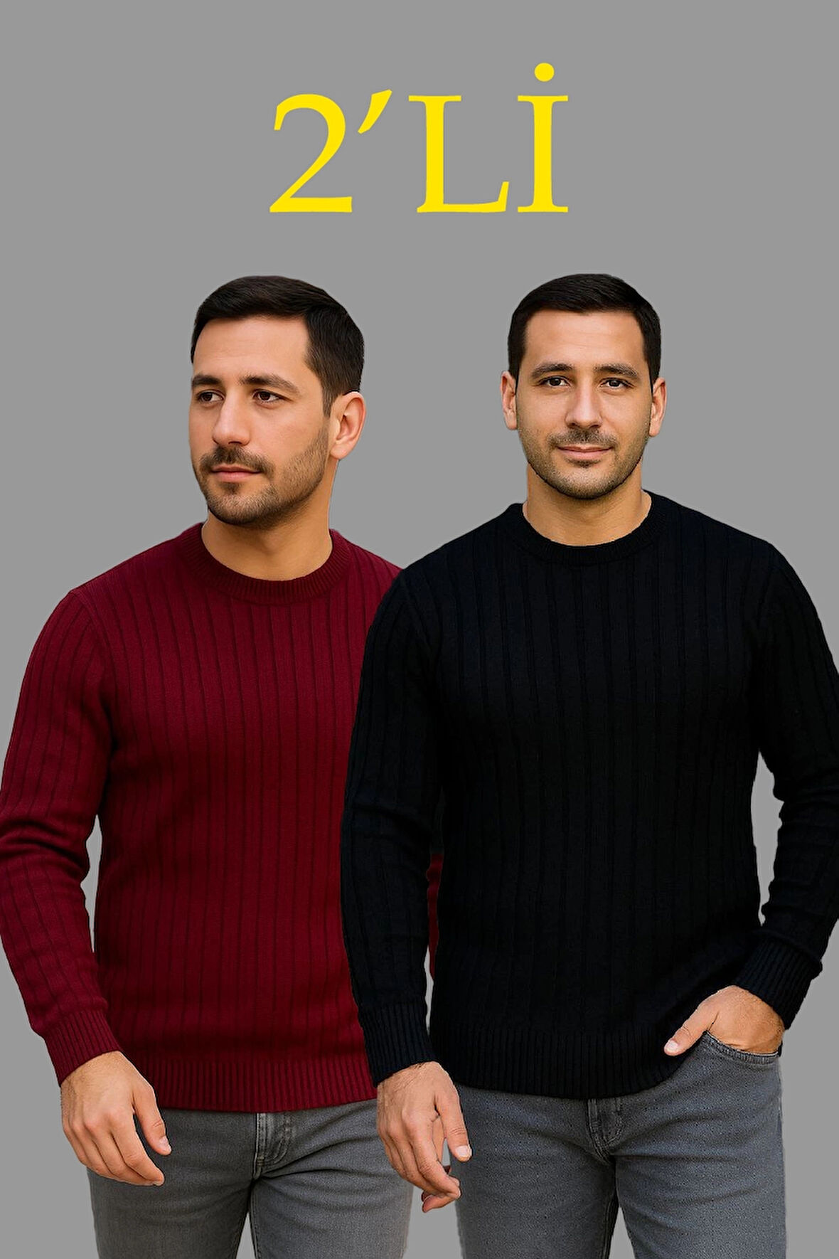 Erkek Fitilli Triko Kazak 2’li Set – Siyah & Bordo, Kalın Dokuma Pamuklu Regular Fit Bisiklet Yaka Uzun Kollu Rahat Kışlık Kazak Kombini