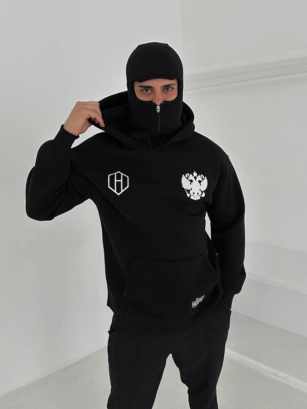Samuray Ninja Çift Kapşonlu ZIP Fermuarlı Kanguru Çepli Tam Fermuarlı Hoodie ön ve Arka Baskılı Maske Detaylı Swetshirt - Siyah