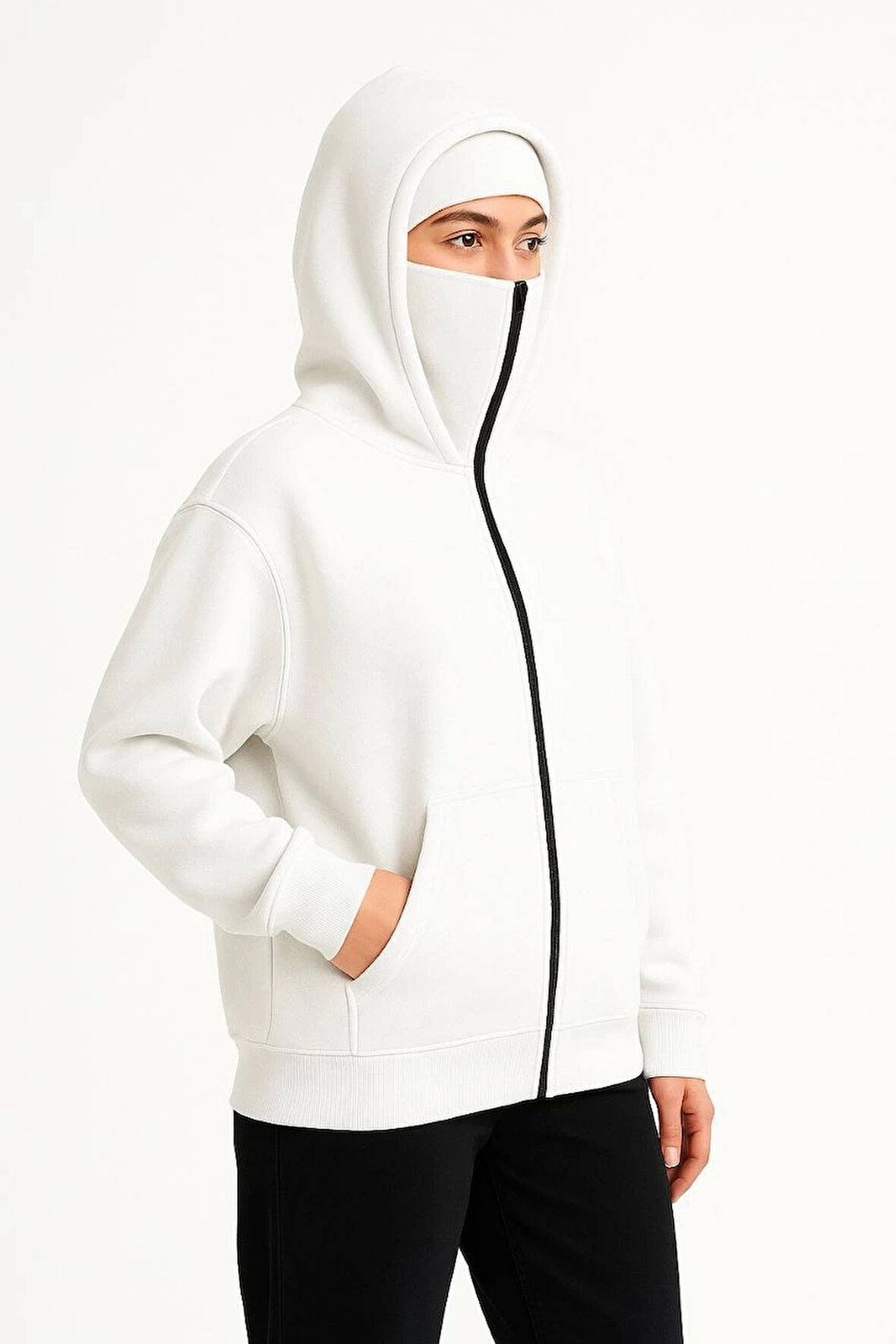 Kadın Samuray Ninja Çift Kapşonlu ZIP Fermuarlı Kanguru Çepli Hoodie Maske detaylı Swetshirt - Beyaz