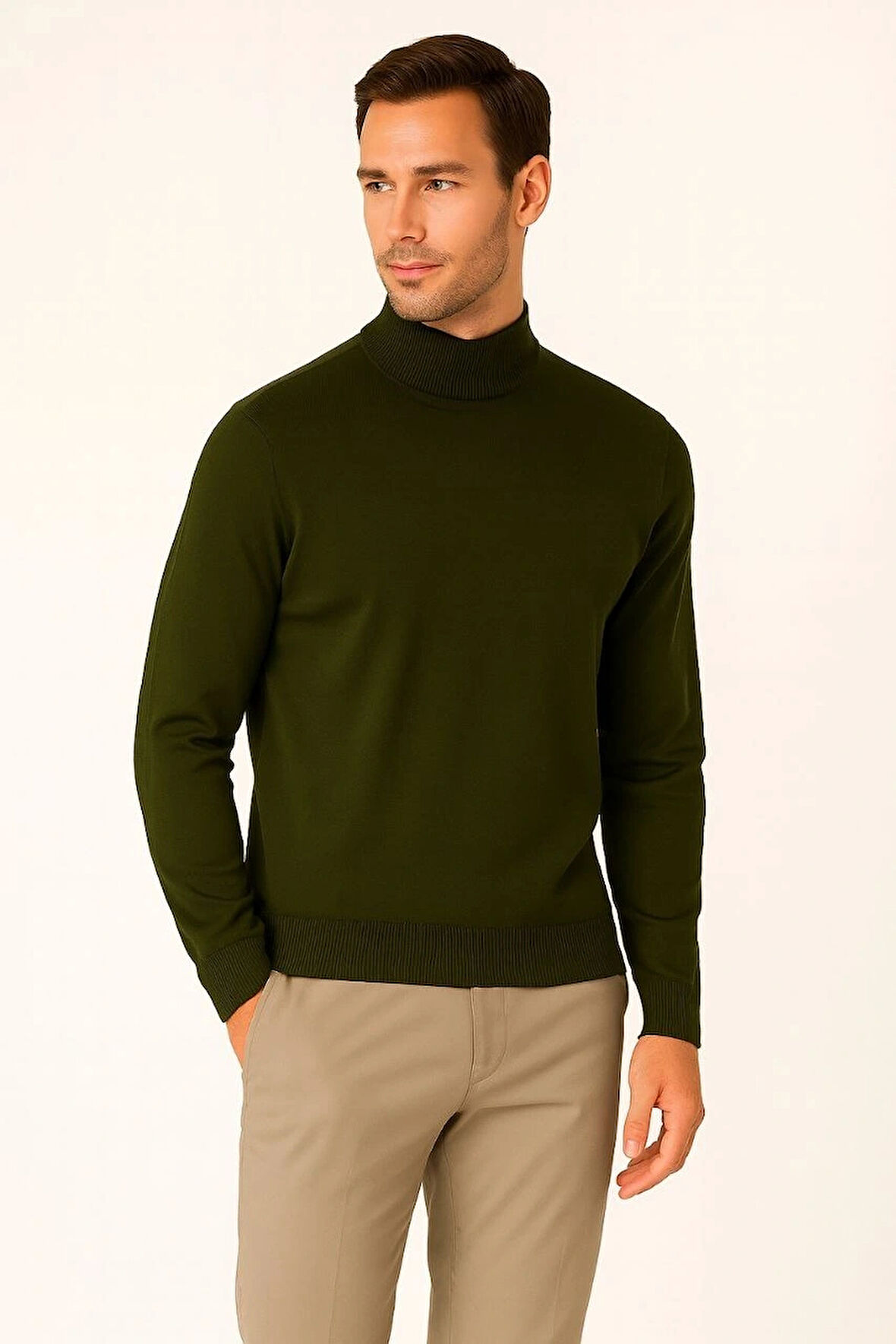 Erkek Yarım Boğaz Triko Kazak yumuşak dokulu Pamuklu ince Dokuma, uzun kollu Rahat Regular kalıp - Haki