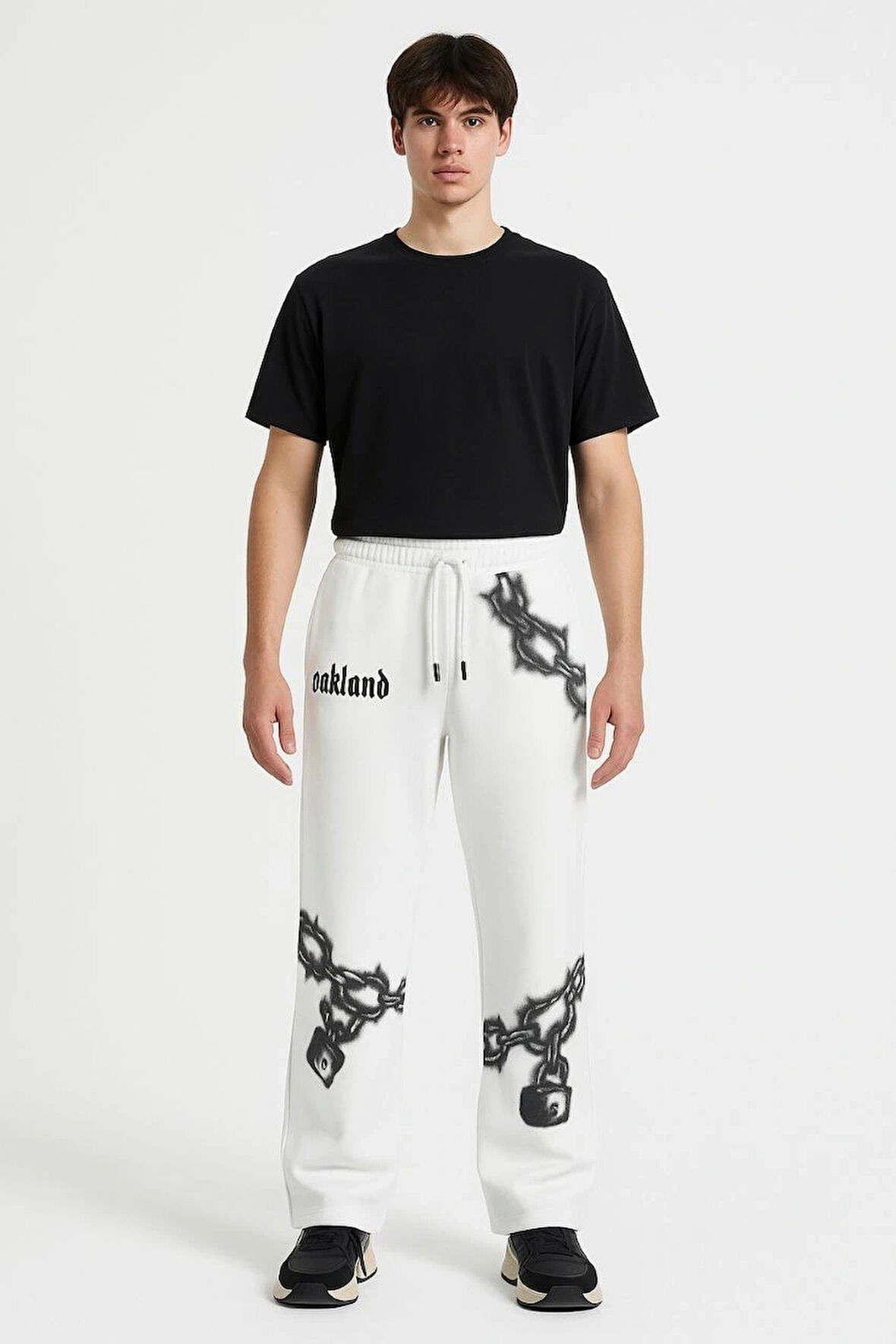 Erkek Üç İplik Pamuklu Baskılı Cepli Jogger Buggy Pantalon Oversize Kalıp - Beyaz