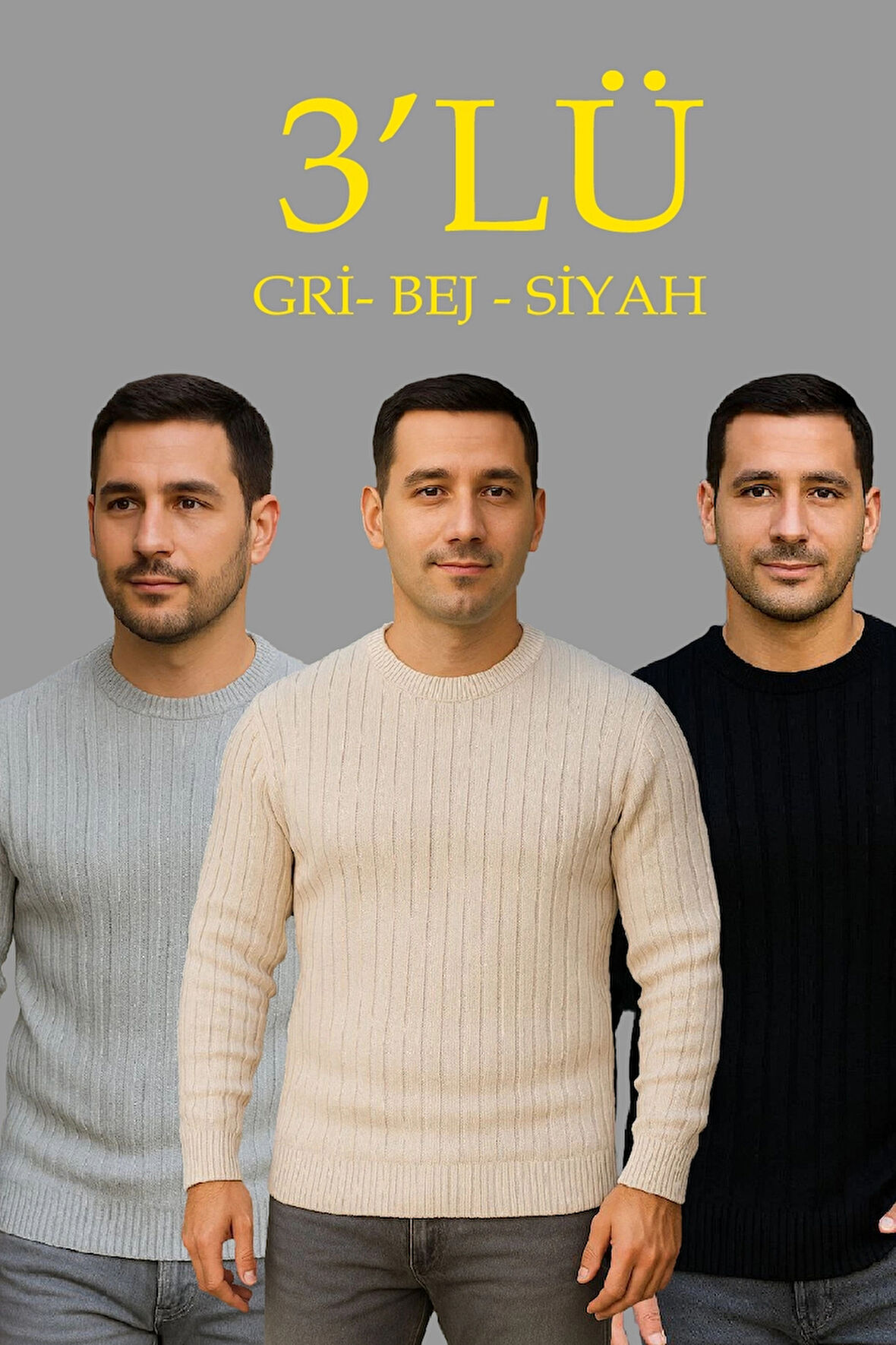 Erkek Fitilli Triko Kazak 3'lü Set Bej Gri Siyah Regular Fit Bisiklet Yaka Triko Seti Kazak Modeli