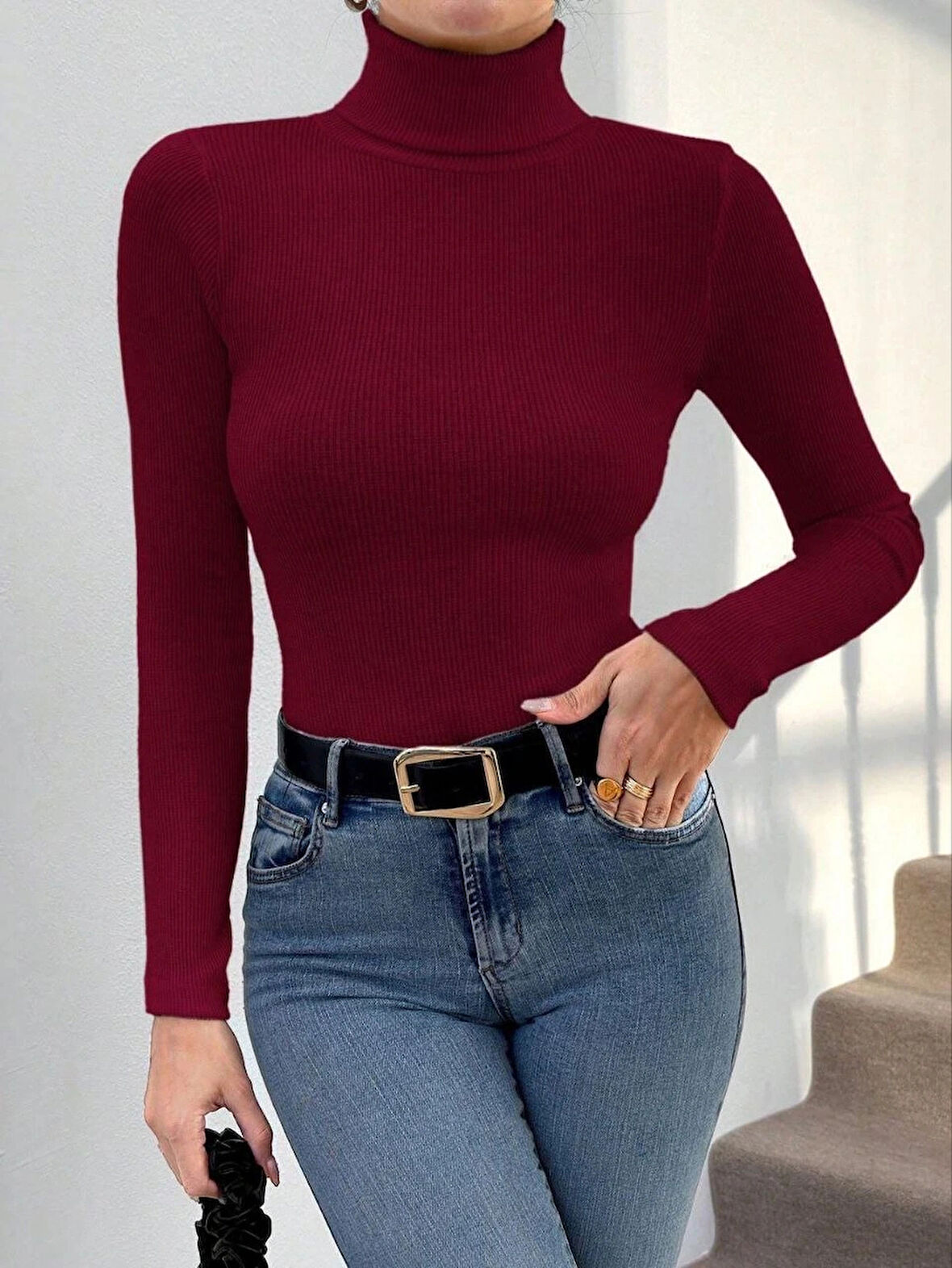 Balıkçı yaka dar kesim kaşkorse kazak bordo w3103