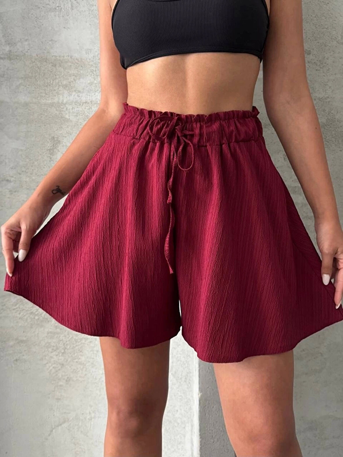 Volanlı keten şort bordo s255058