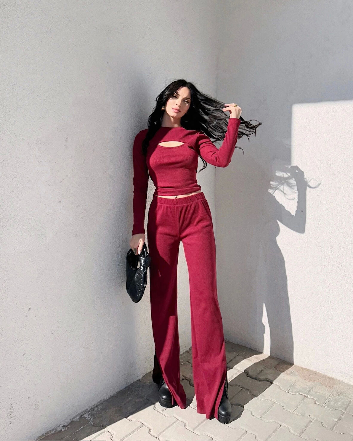 Pencereli detaylı alt üst takım bordo w3864