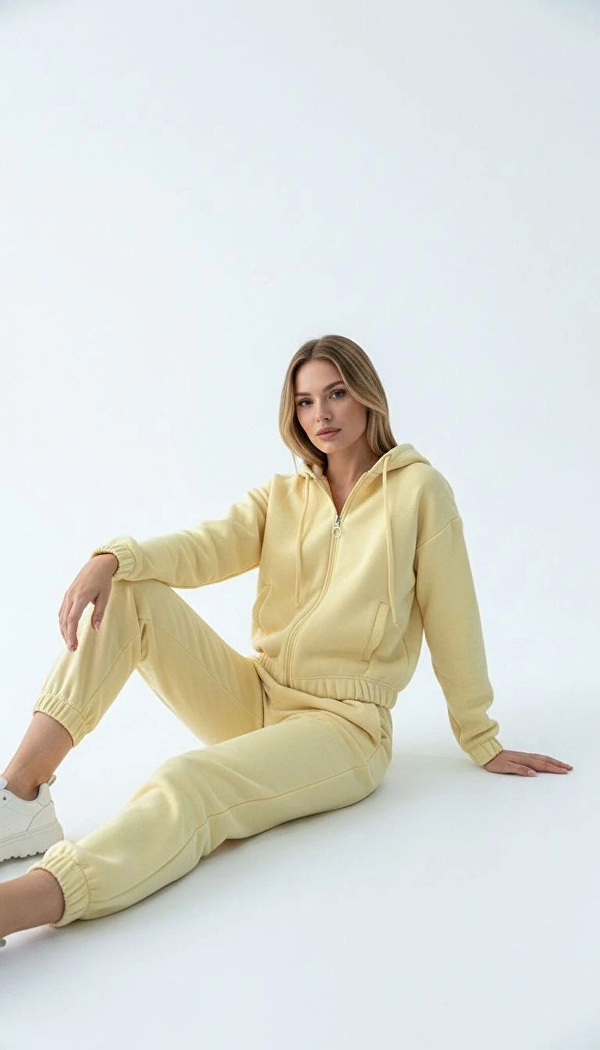 3 iplik şardonlu Kapşonlu fermuarlı kısa üst sarı pat8590