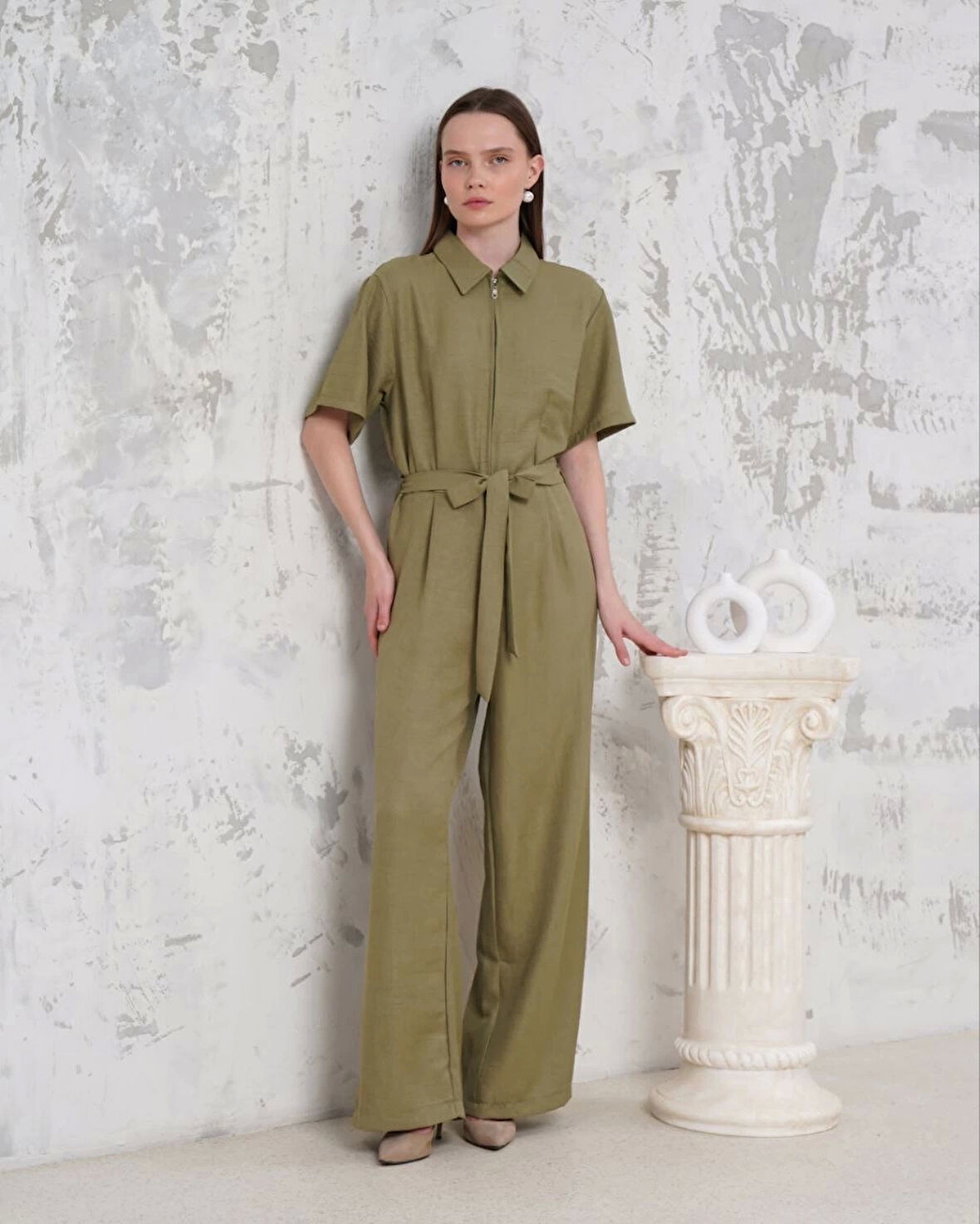 Kuşaklı gömlek yaka salaş tulum haki s255822