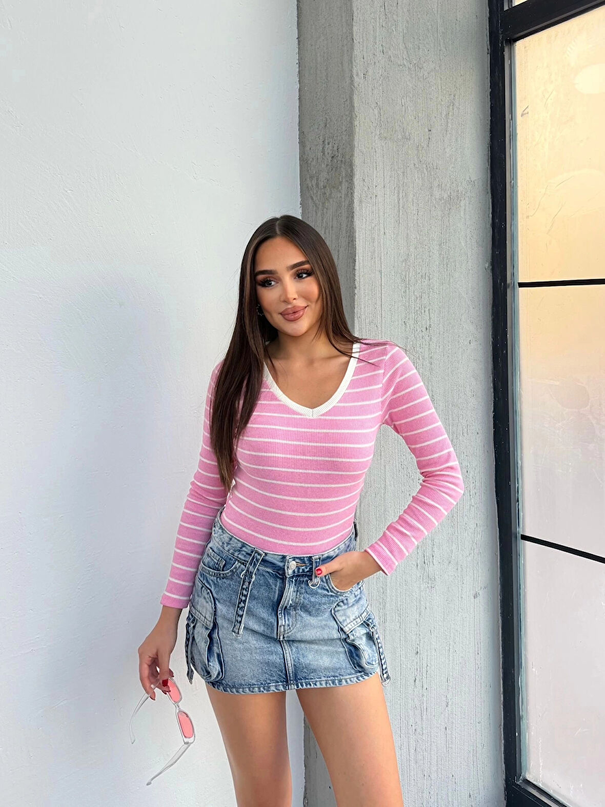 V yaka çizgili bluz pembe A3699