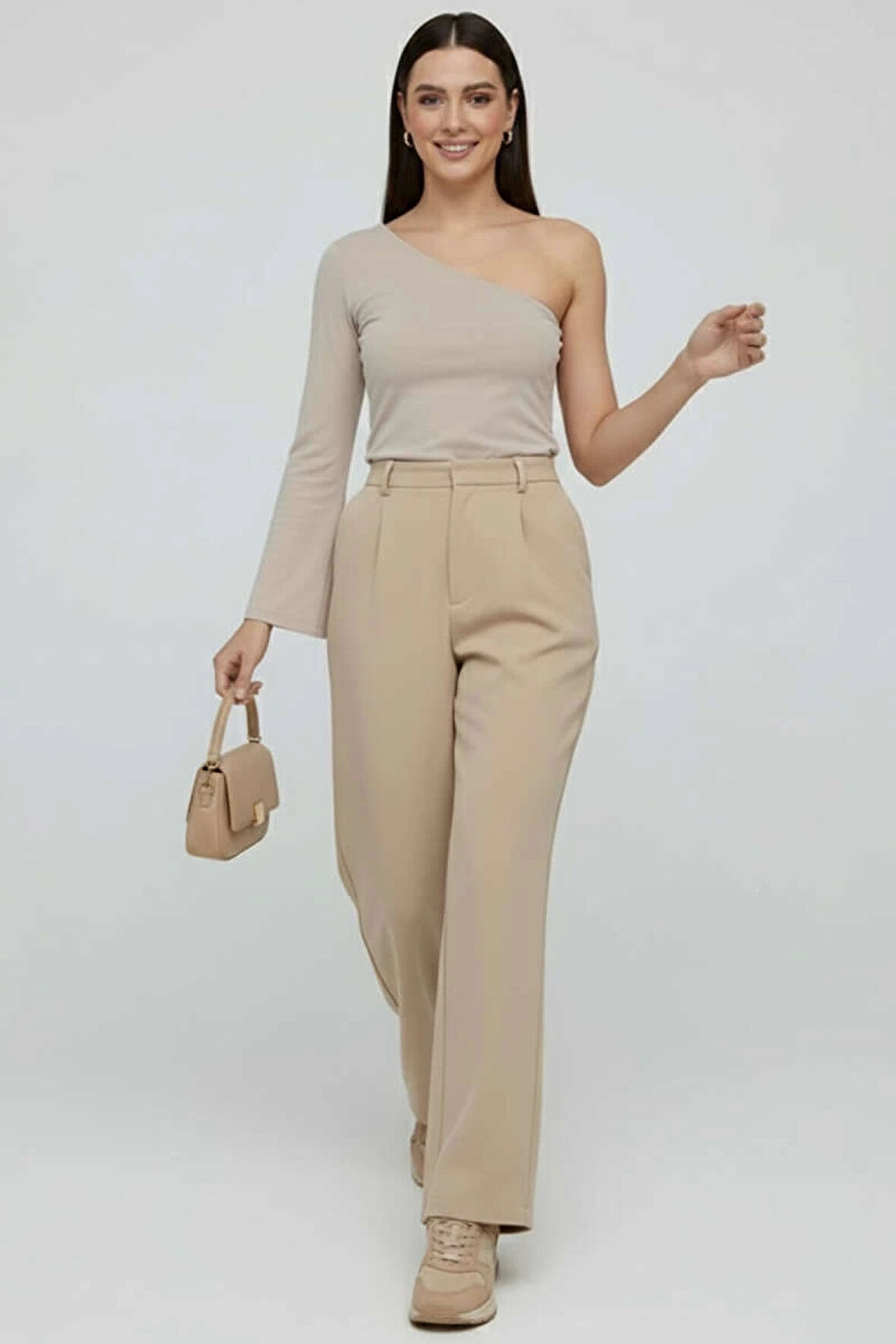 Tek Omuzlu Basic Bluz Vizon T4275