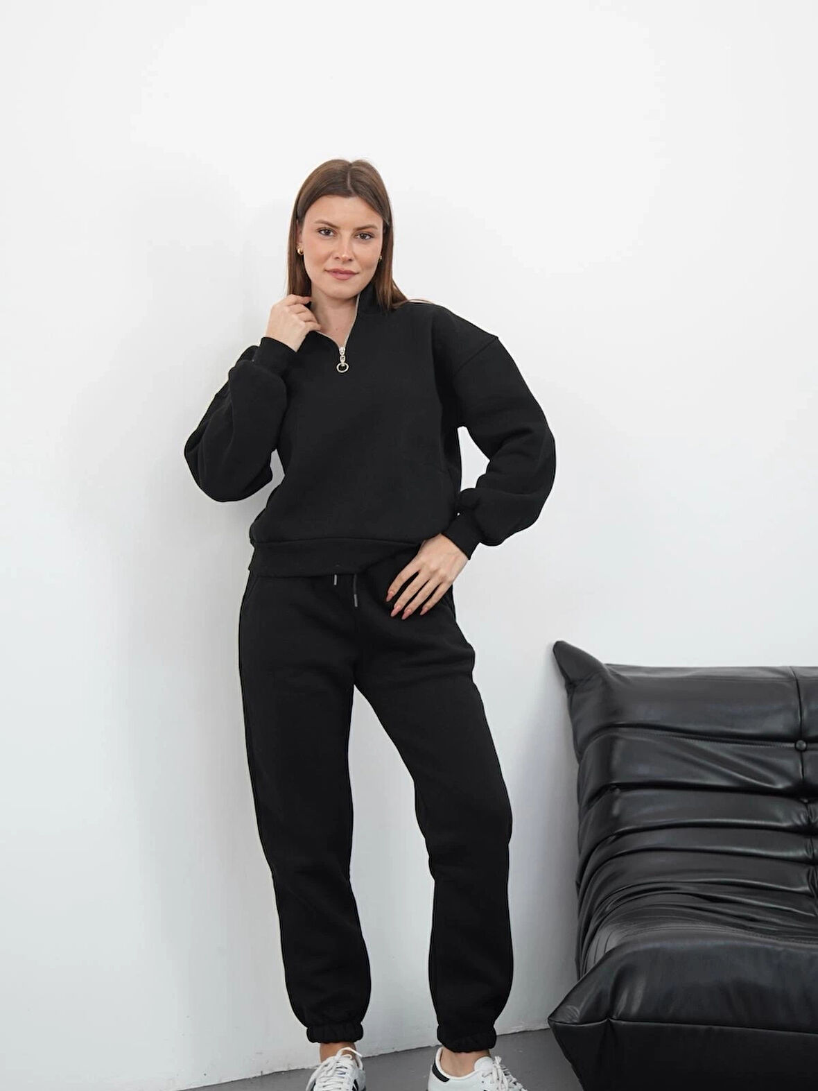 3 iplik içi Şardonlu yarım fermuarlı alt üst takım siyah