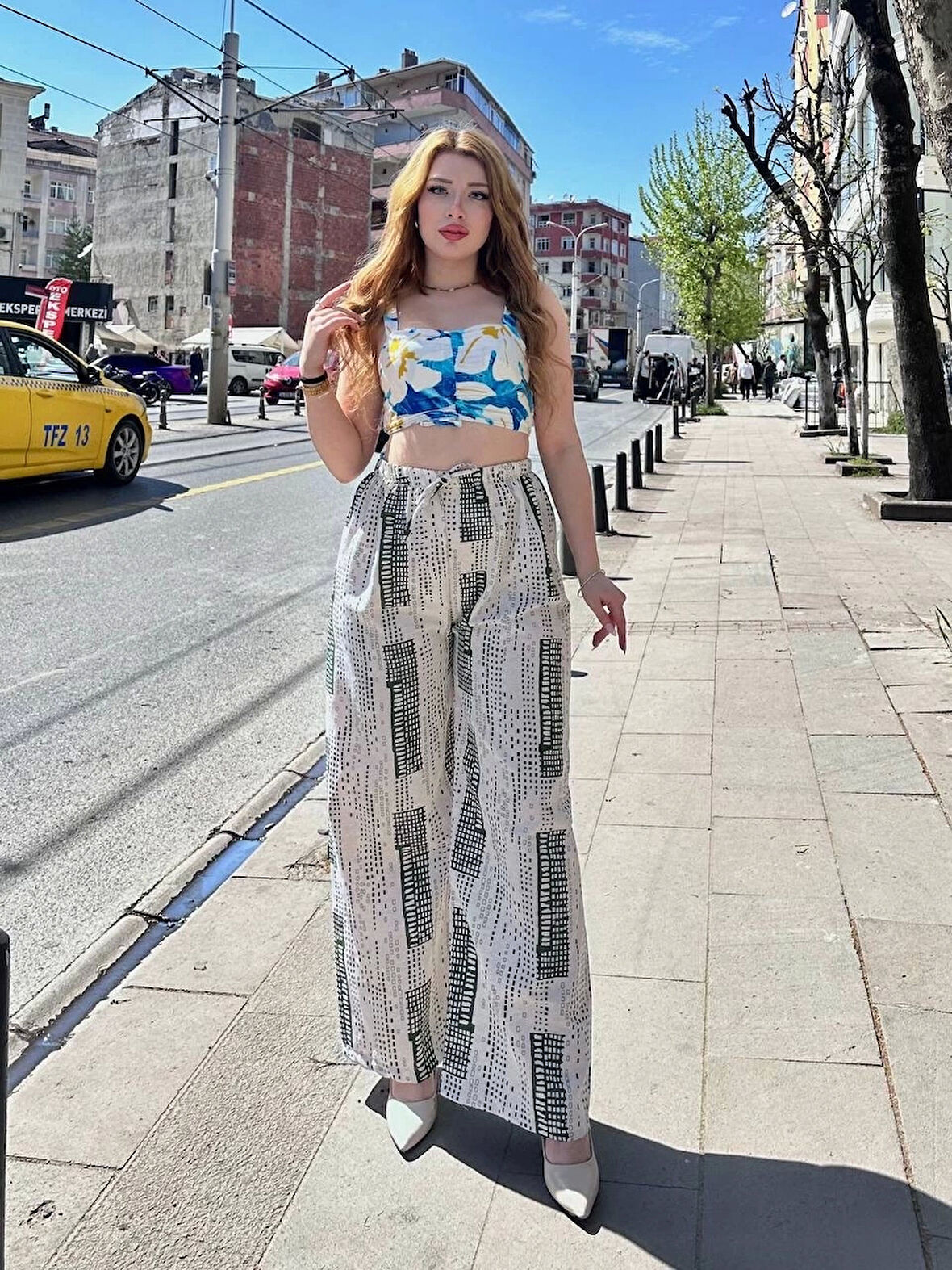 Baskılı Bağcıklı keten pantolon krem