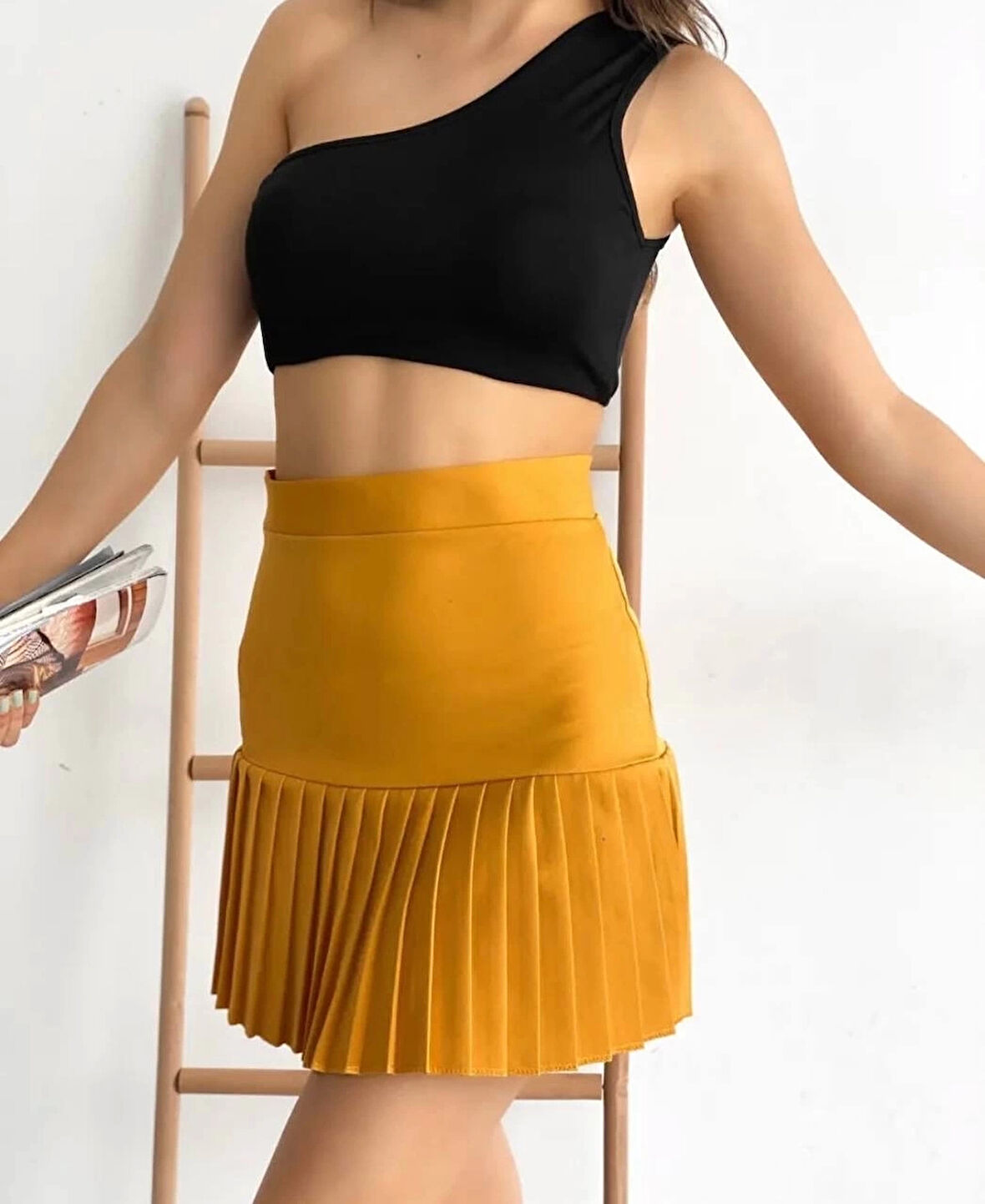 Altı pliseli mini etek hardal s24705