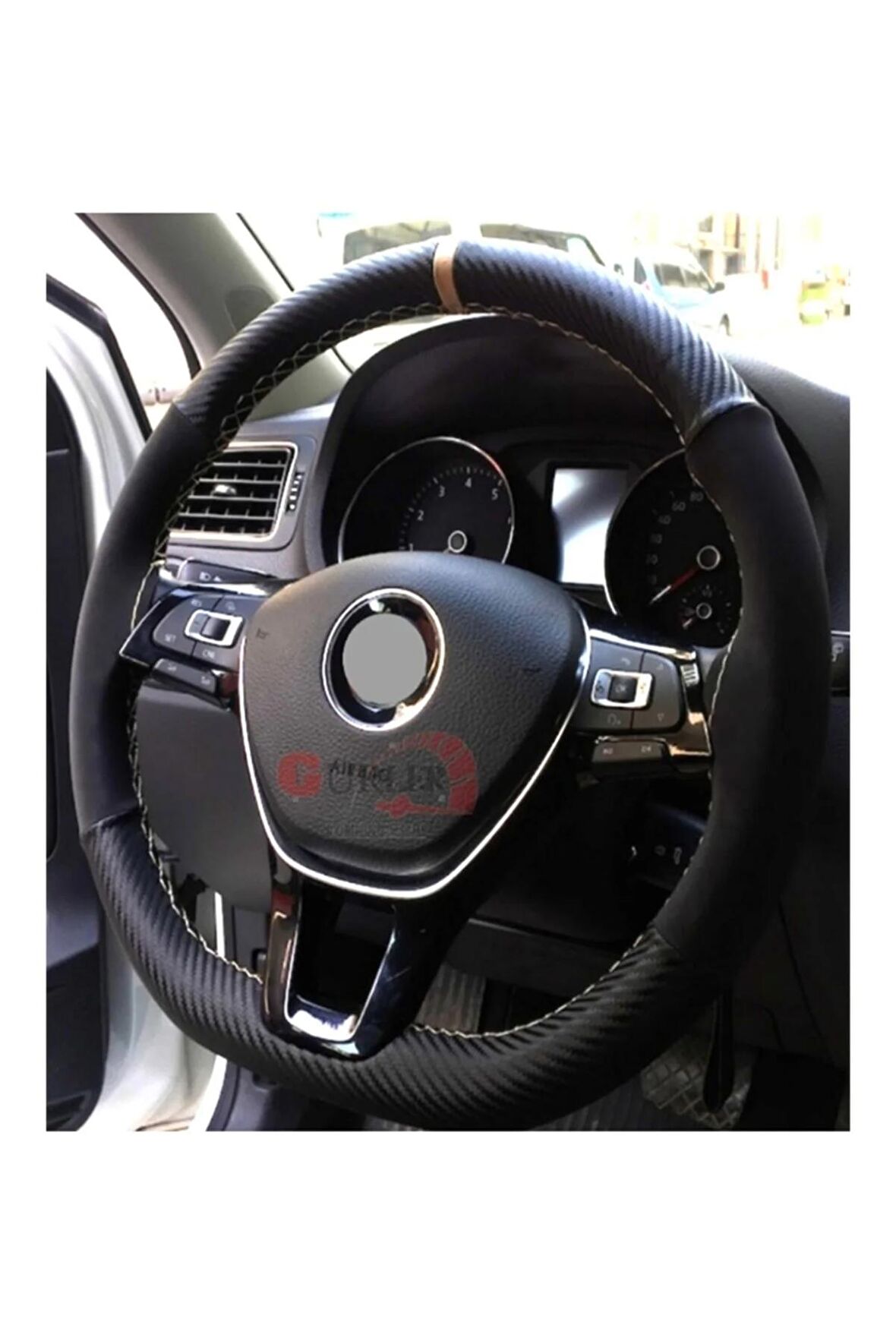 Skoda Octavia Uyumlu Dikmeli Direksiyon Kılıfı Alkantara Karbon Bej Yüzüklü