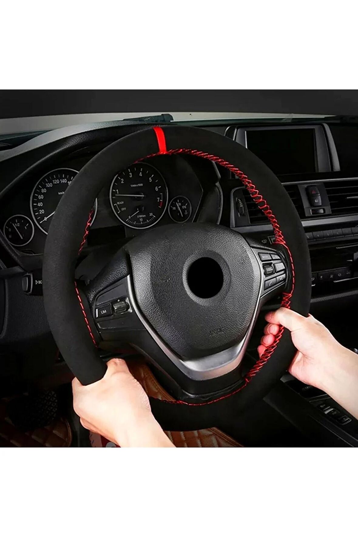 Toyota Corolla 2007-2012 Uyumlu Alkantara Nubuk Dikmeli Direksiyon Kılıfı Kırmızı Yüzüklü