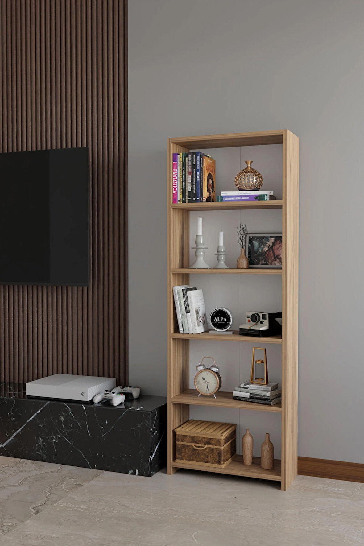 Alpa Ev Mobilya 5 Raflı Kitaplık, Modern Çok Amaçlı Ahşap Ofis – Salon – Mutfak Rafı ,Dolap