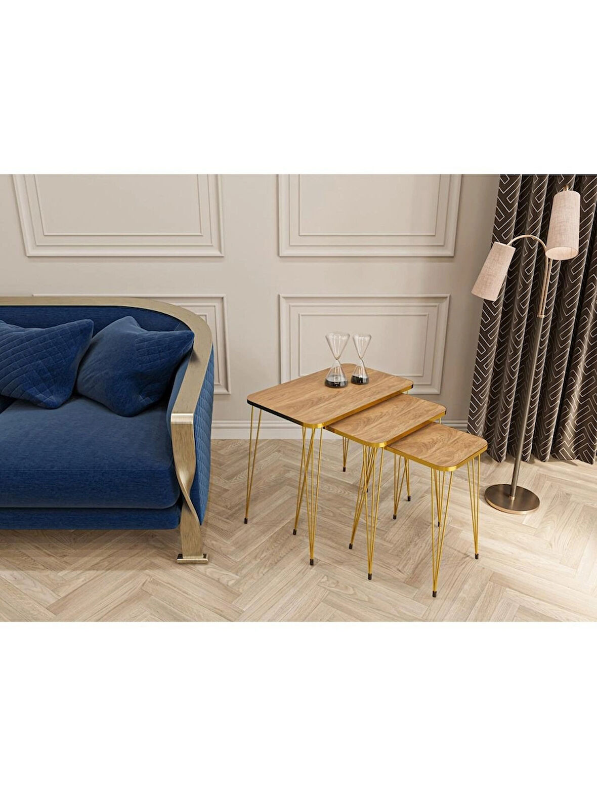 Alpa Ev Mobilya Dikdörtgen Gold Ayaklı 3’lü Zigon Sehpa Modern Metal Ayaklı Yan Sehpa 