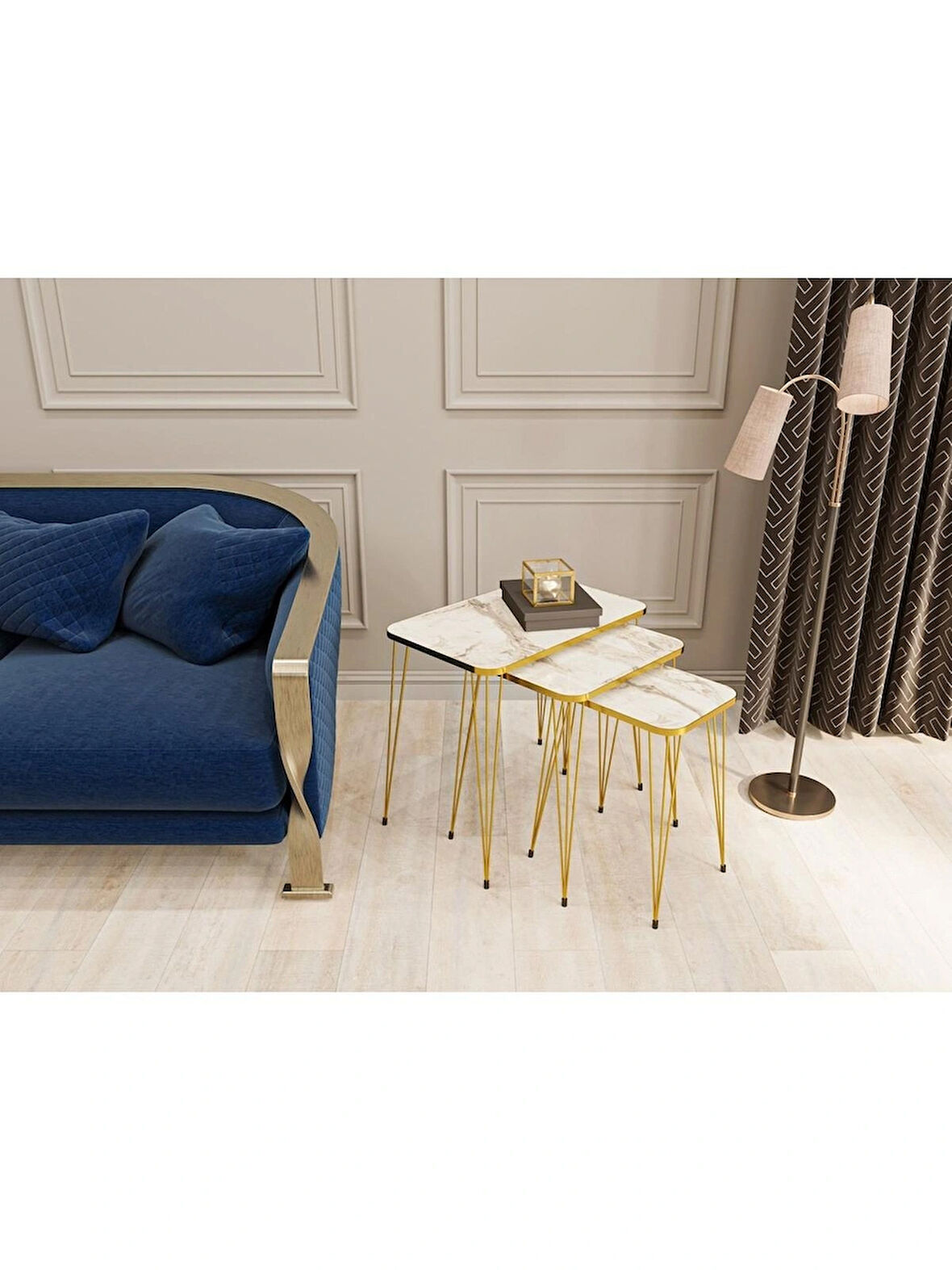 Alpa Ev Mobilya Dikdörtgen Gold Ayaklı 3’lü Zigon Sehpa Modern Metal Ayaklı Yan Sehpa 