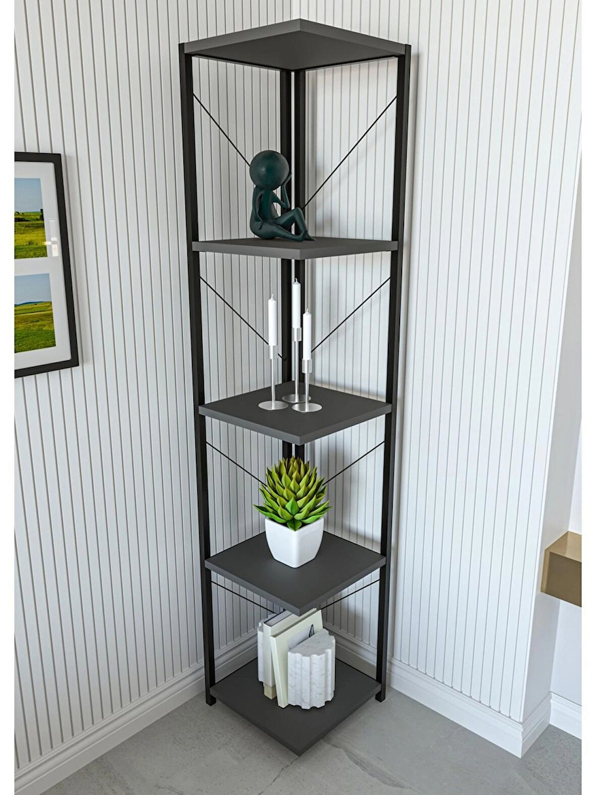 Alpa Ev Mobilya 5 Katlı Kare Raflı Metal Köşe Raf, Dekoratif Kitaplık ve Saksılık ,Modern Endüstriyel Tasarım