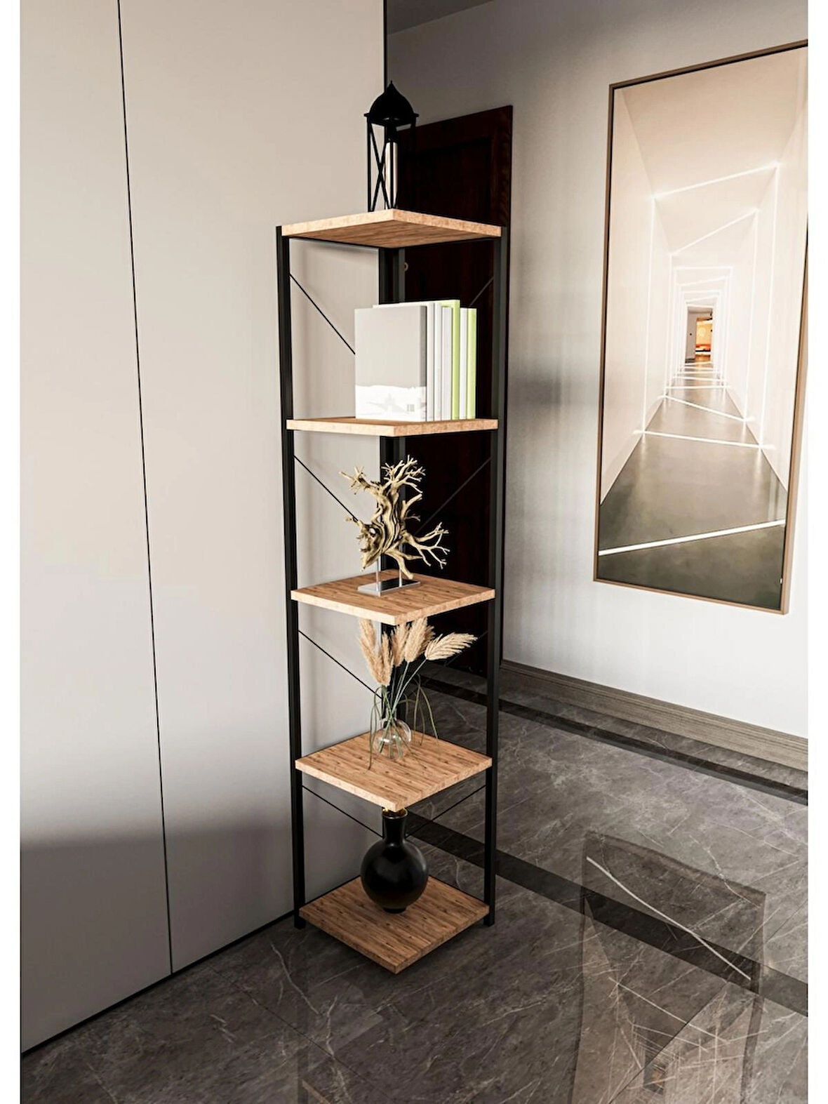 Alpa Ev Mobilya 5 Katlı Kare Raflı Metal Köşe Raf, Dekoratif Kitaplık ve Saksılık ,Modern Endüstriyel Tasarım