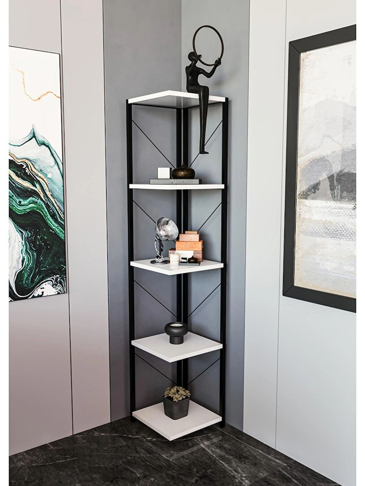 Alpa Ev Mobilya 5 Katlı Kare Raflı Metal Köşe Raf, Dekoratif Kitaplık ve Saksılık ,Modern Endüstriyel Tasarım