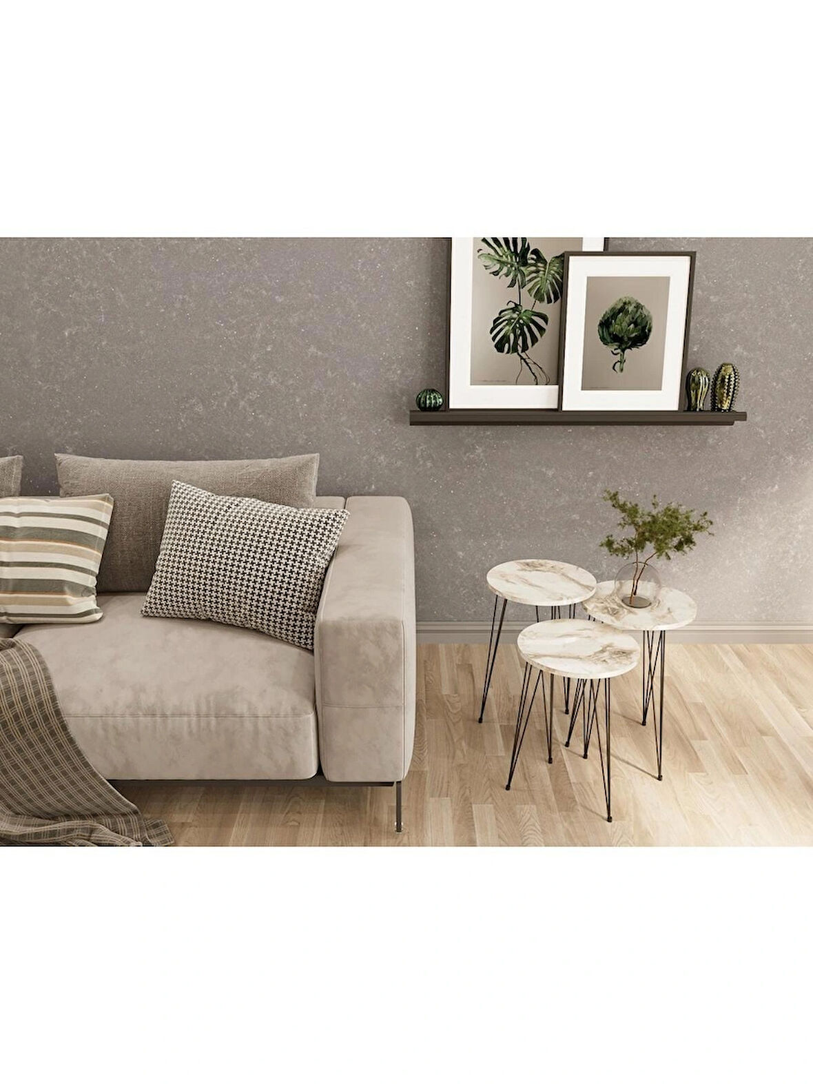 Alpa Ev Mobilya Yuvarlak 3’lü Zigon Sehpa Seti ,Yuvarlak Suntalam Üst – Siyah Metal Tel Ayaklı Modern Yan Sehpa