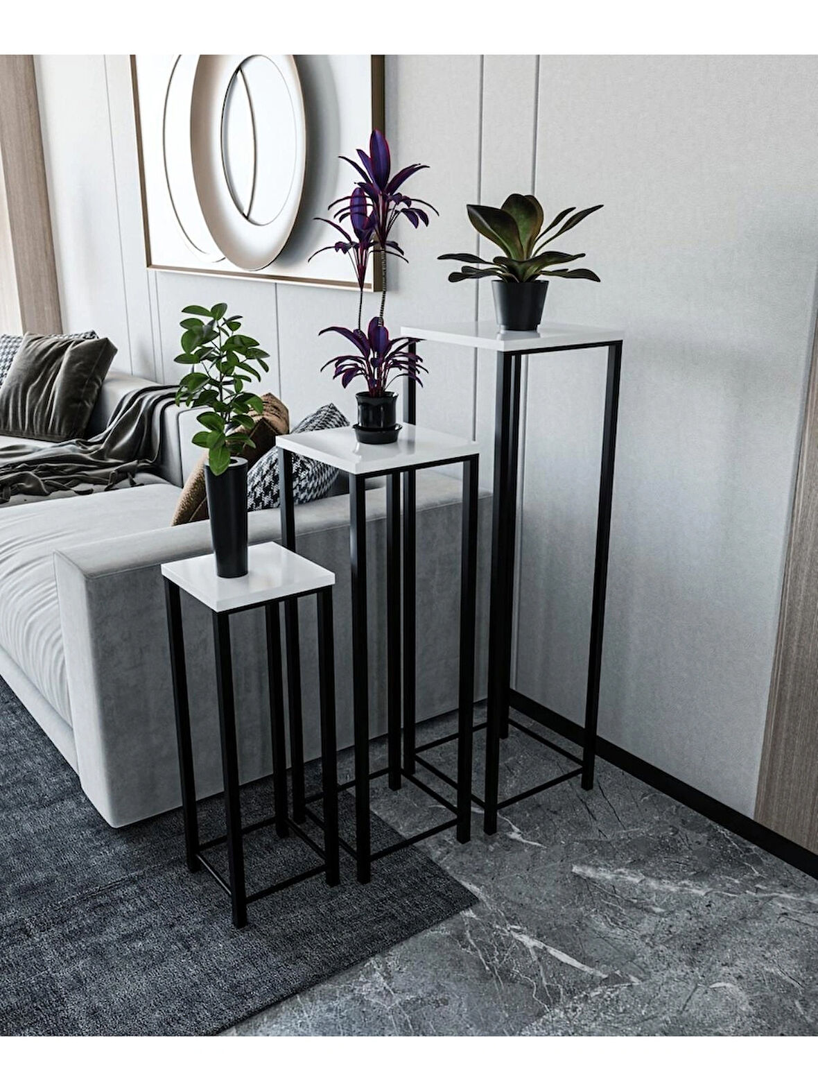 Alpa Ev Mobilya Dekoratif 3’lü Siyah Metal Ayaklı Saksı Standı ve Yan Sehpa Seti,Modern Çiçeklik Takımı, Salon & Balkon Bitki Sehpası