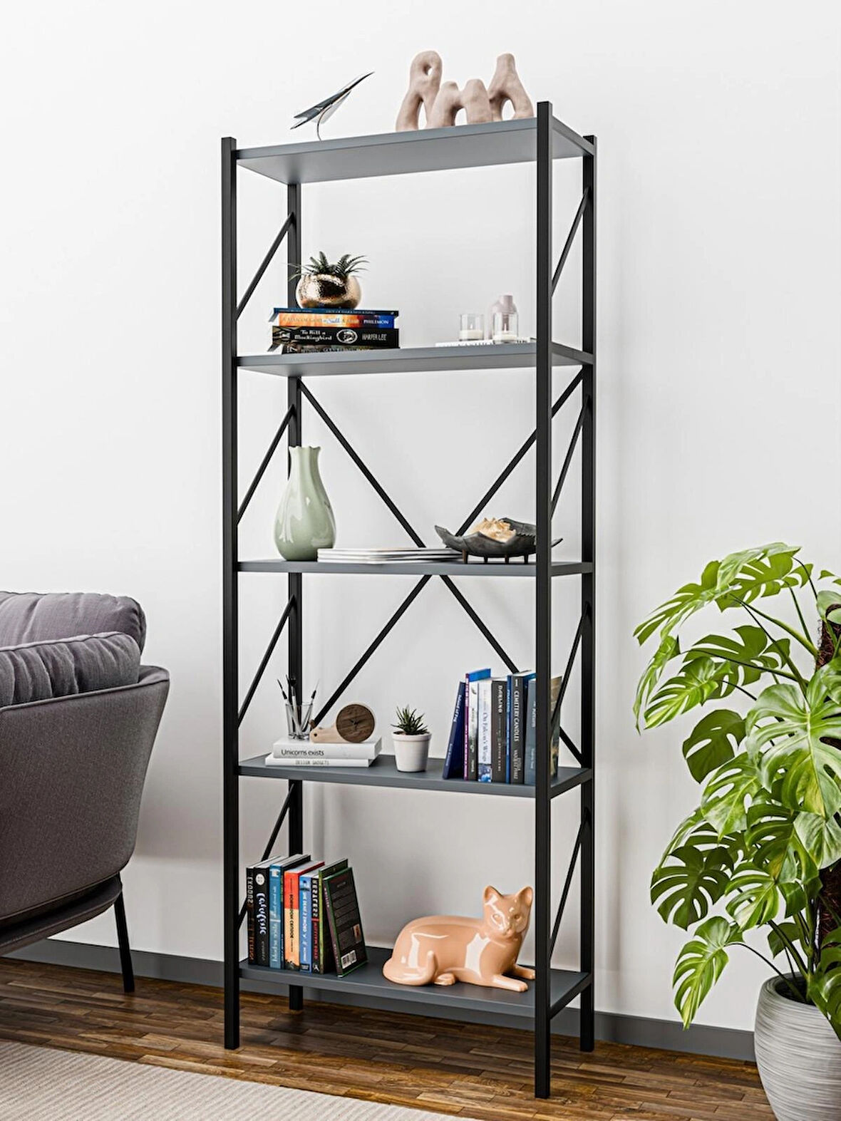 Alpa Ev Mobilya 5 Katlı Metal Kitaplık ,Modern Endüstriyel Raf Ünitesi, Dekoratif Açık Raflı Kitaplık, Ofis ve Salon Düzenleyici 150 cm